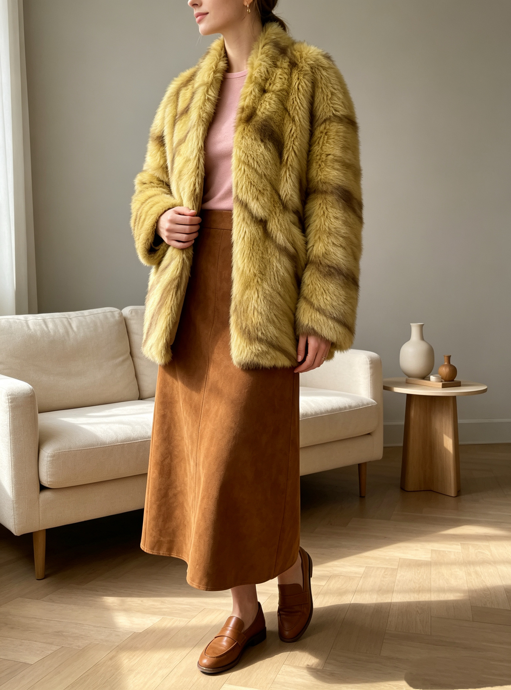 Wholesaler SweetMiss - Short faux fur jacket, raised collar, striped veined pattern, soft oversized fit, women's eco-friendly fur, casual chic style
