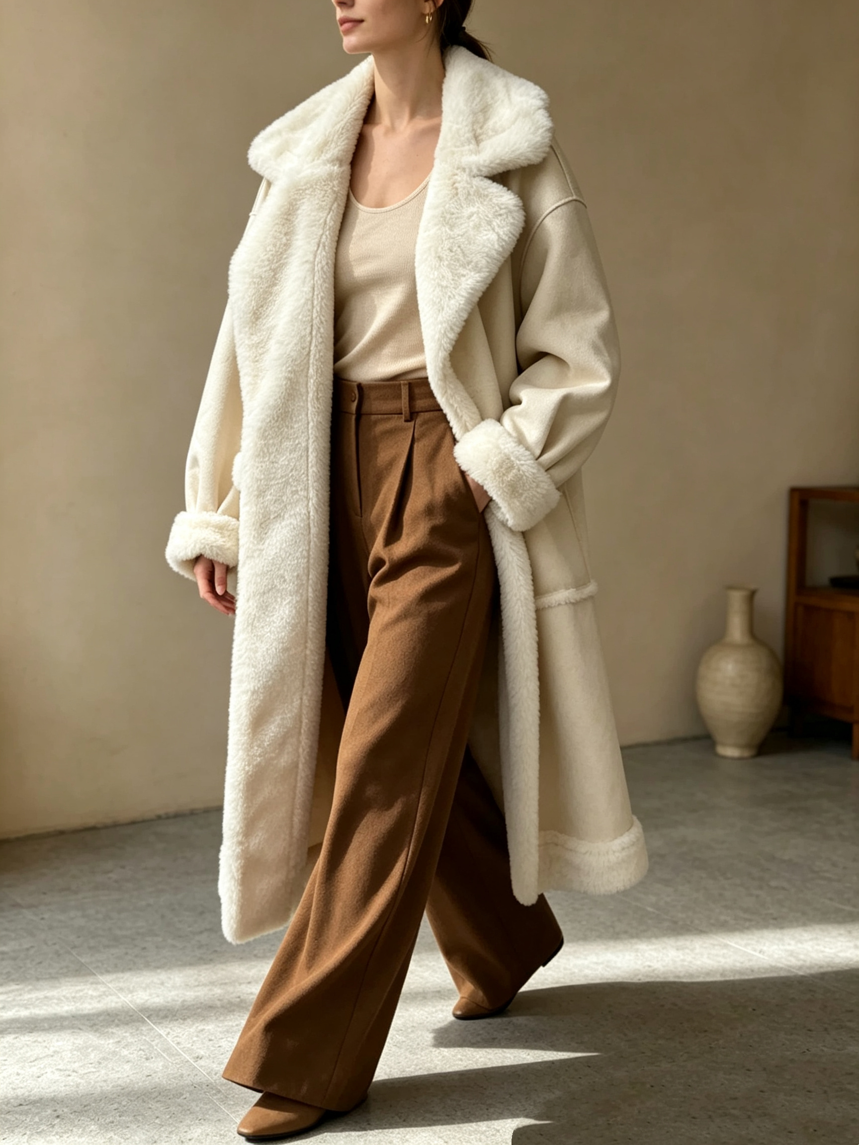 Mayorista SweetMiss - Abrigo largo de doble cara de shearling, abrigo de piel sintética con cuello amplio, oversize en cuero gamuzado, forro invernal peludo, a prueba de viento