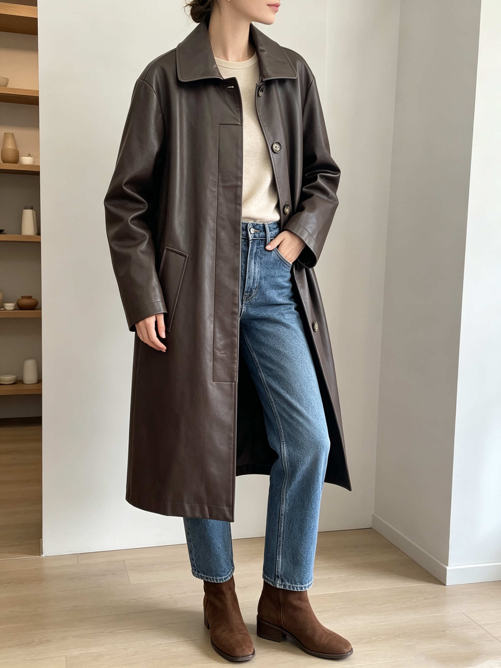 Wholesaler SweetMiss - Long coat in eco-friendly leather, oversized style, shirt collar, front button, straight cut, elegant casual model, synthetic leather fabric