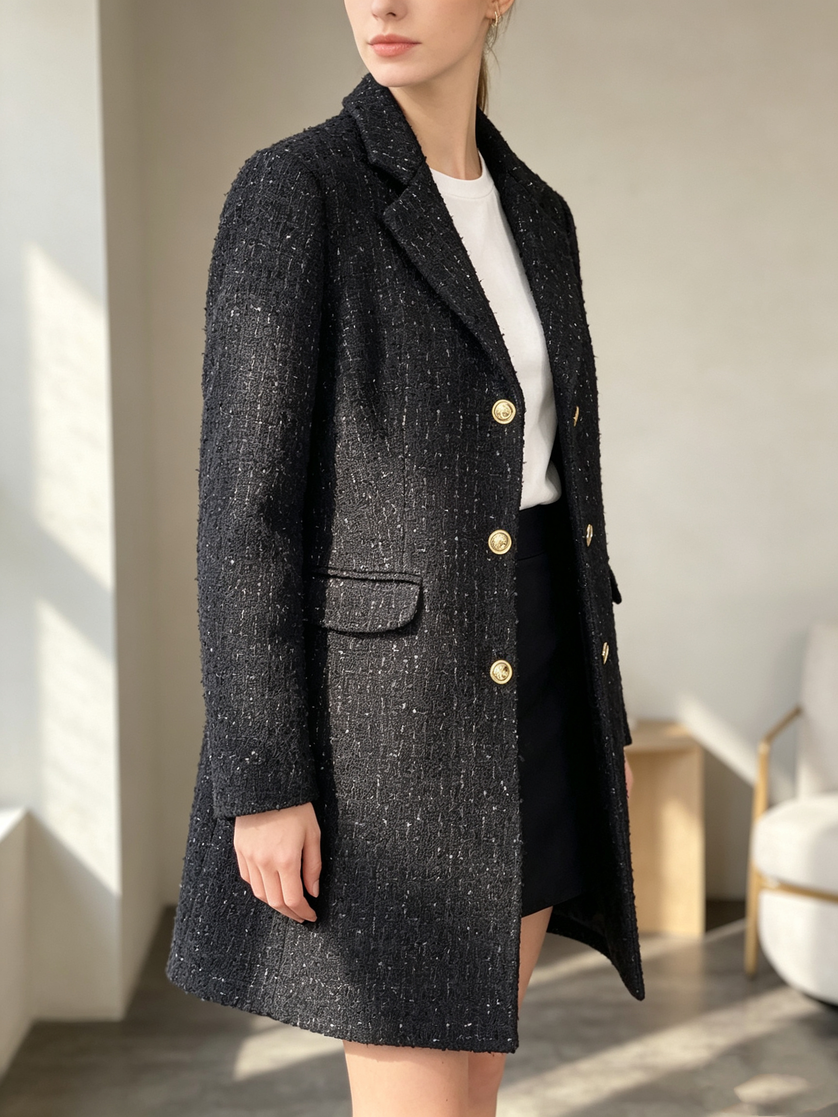 Wholesaler SweetMiss - Long black tweed coat, women's bouclé blazer jacket, notched collar, silver lurex threads, elegant business casual style, speckled tweed fabric