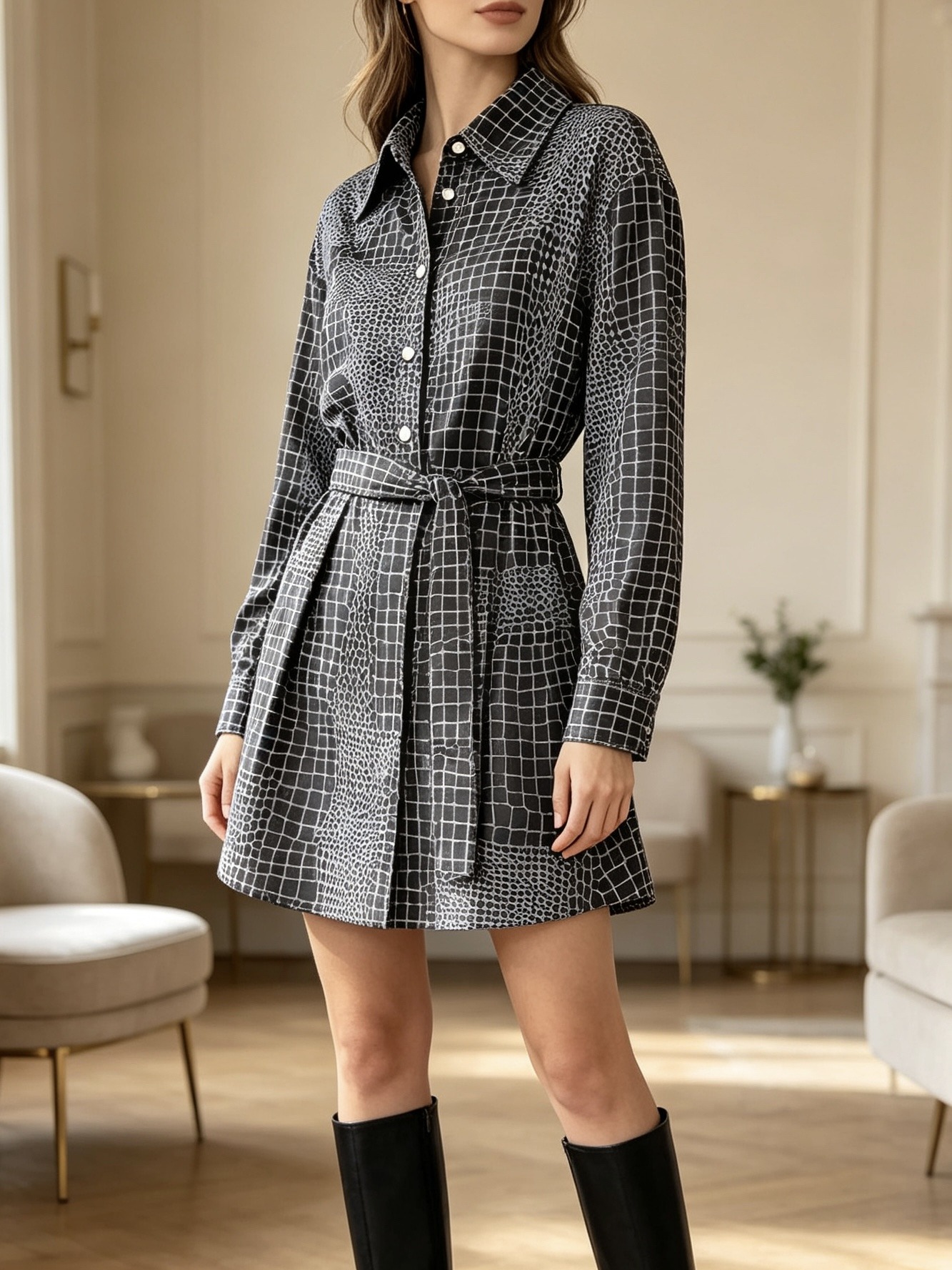 Wholesaler SweetMiss - Long sleeve shirt coat, crocodile mesh print, shirt collar, adjustable knot belt, front button closure, boot look
