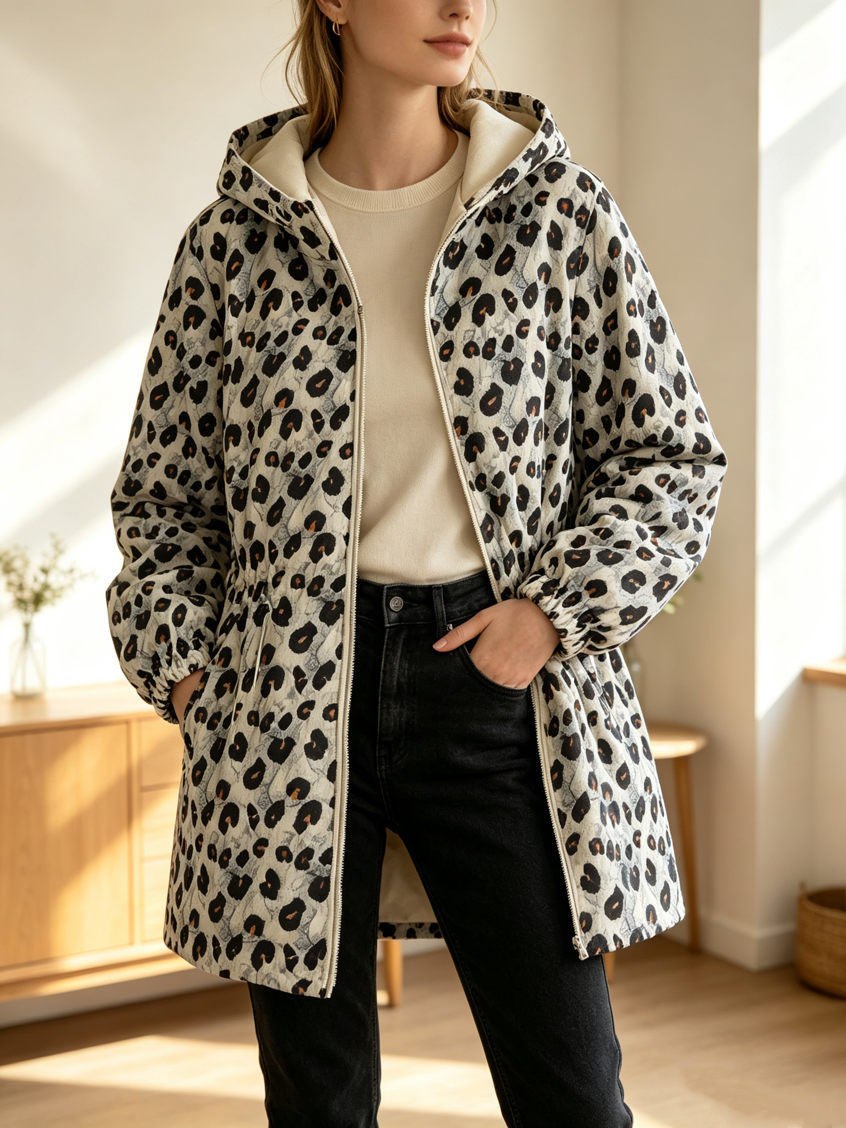 Wholesaler SweetMiss - Leopard print jacket with hood, lightweight padded women's coat, adjustable drawstring waist, sleeves with elastic cuffs, with zipper