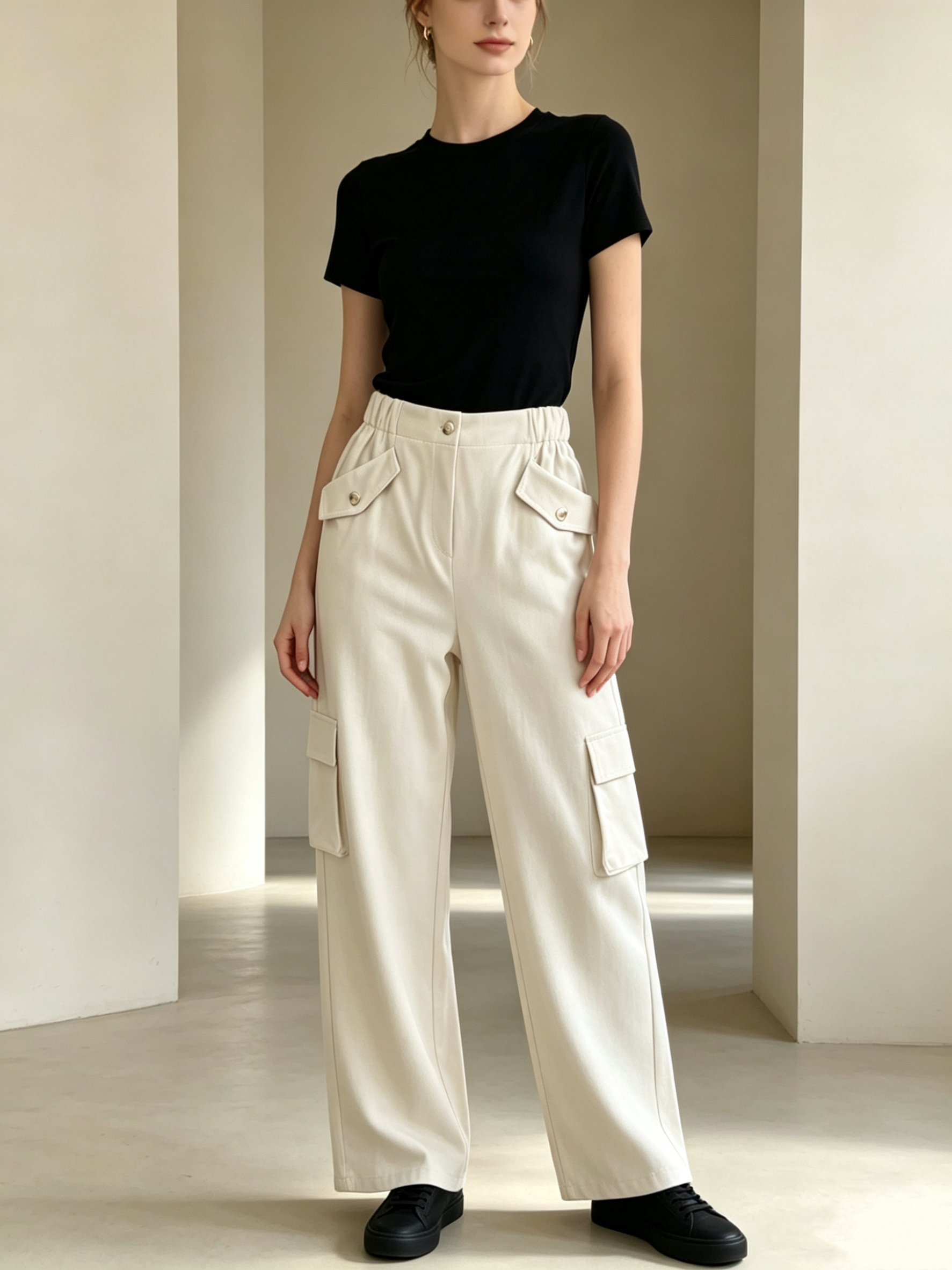 Grossiste SweetMiss - Pantalon cargo taille haute, pantalon à jambes larges ivoire, élastique à l'arrière de la taille, tissu sergé de coton, pantalon droit, poches à rabat