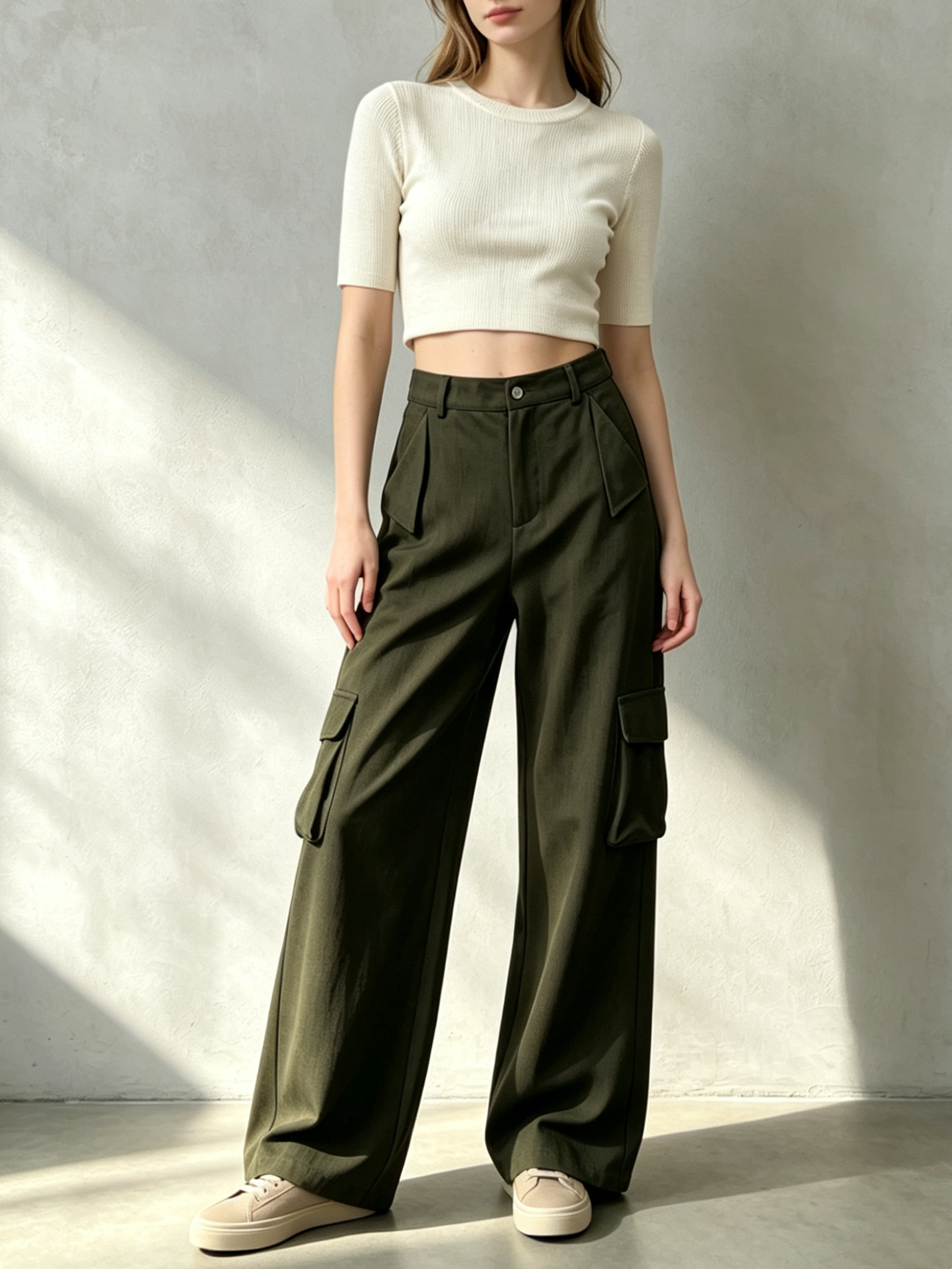 Grossiste SweetMiss - Pantalons cargo à jambes larges, pantalons droits évasés, poches appliquées sur les côtés, style street casual, tenue minimaliste urbaine, confortables au quotidien.