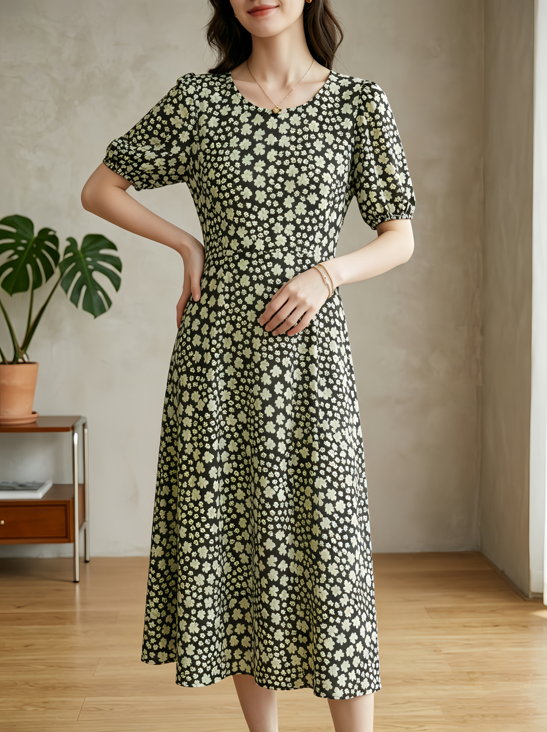 Wholesaler SweetMiss - Floral dress, floral pattern, round neck, puff sleeves, fluid fabric, artificial silk, elegant style for day and office.