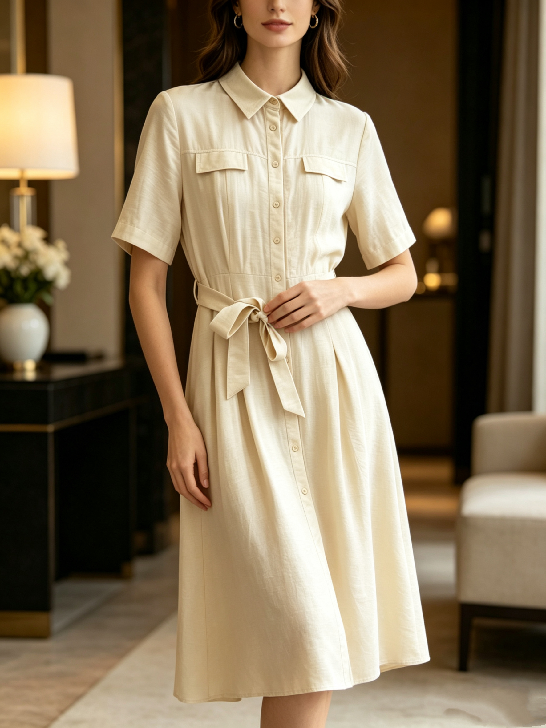 Grossista SweetMiss - Vestito camicia con maniche corte,abito midi da ufficio,stile business casual, bottoni frontali,due tasche sul petto,tessuto leggero traspirante.
