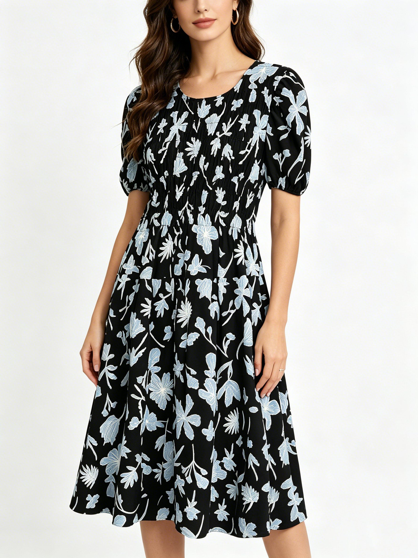 Mayorista SweetMiss - Vestido floral, vestido midi negro y azul con mangas abullonadas, cintura elástica, cómodo
