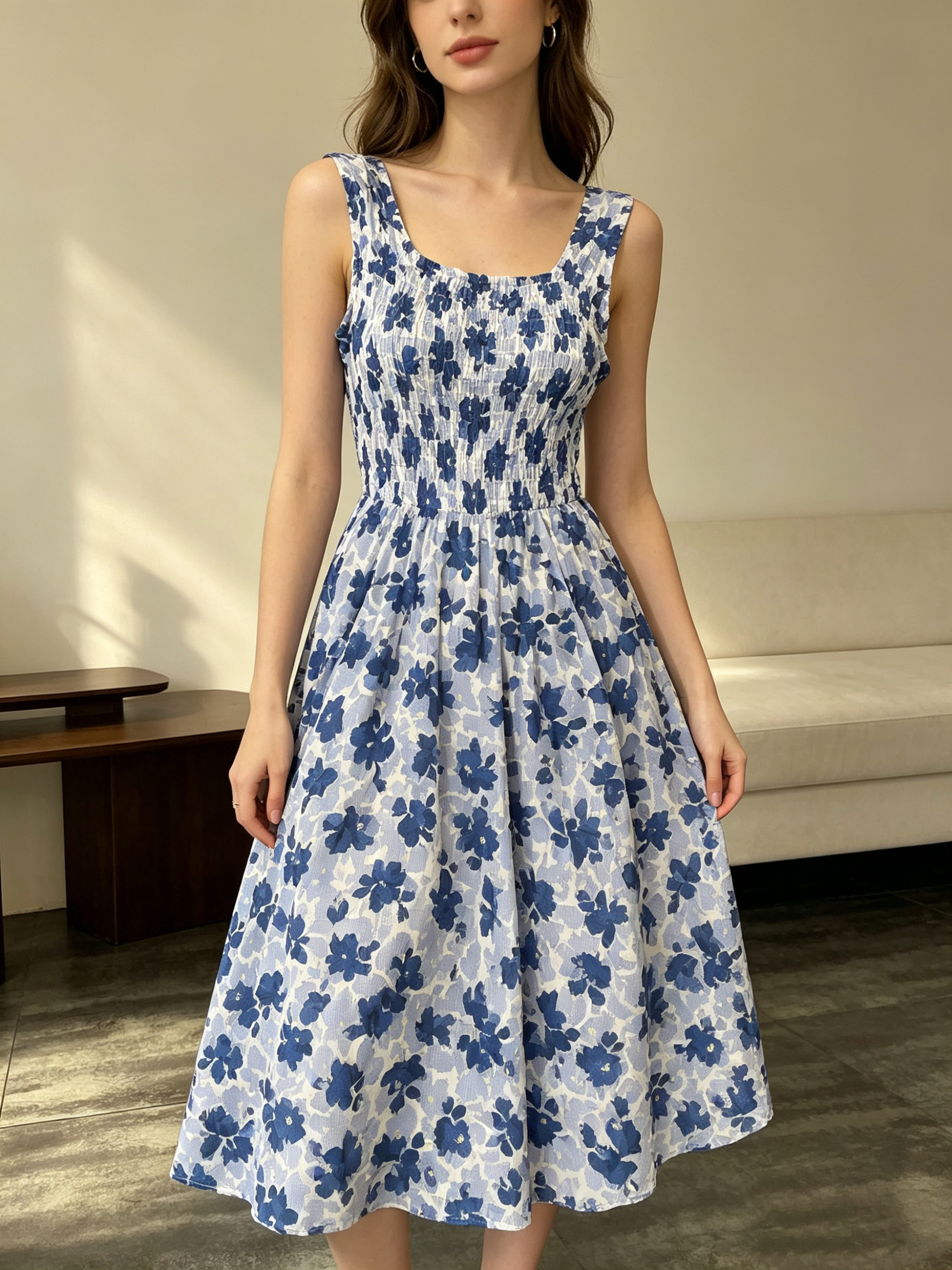 Grossiste SweetMiss - Robe sans manches à fleurs, robe midi à jupe ample, robe d'été fleurie, encolure carrée, larges bretelles, taille froncée élastique.