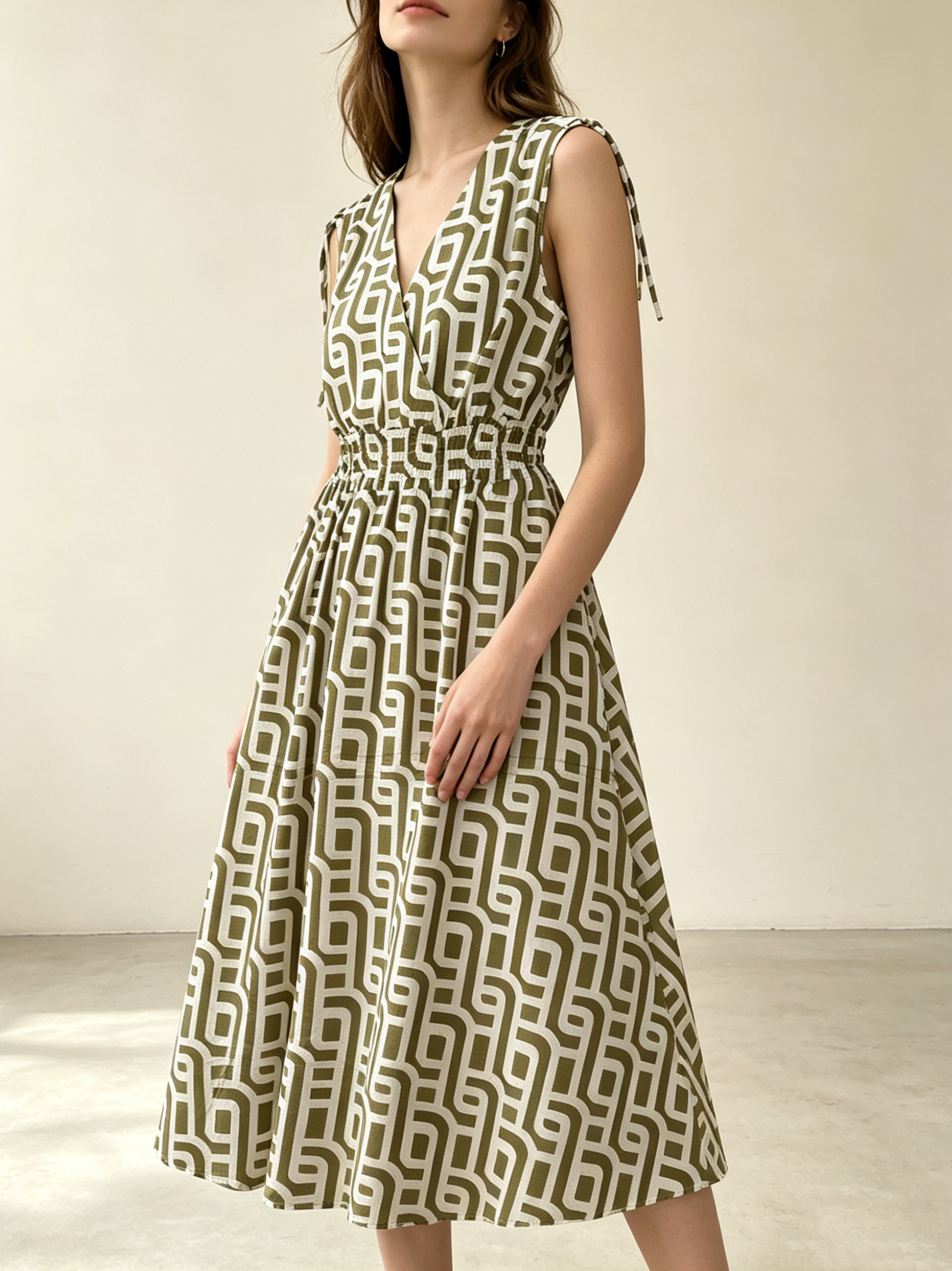 Wholesaler SweetMiss - Midi dress with bow straps, V-neckline, smocked elastic waist, flared skirt, sleeveless design, labyrinth print.