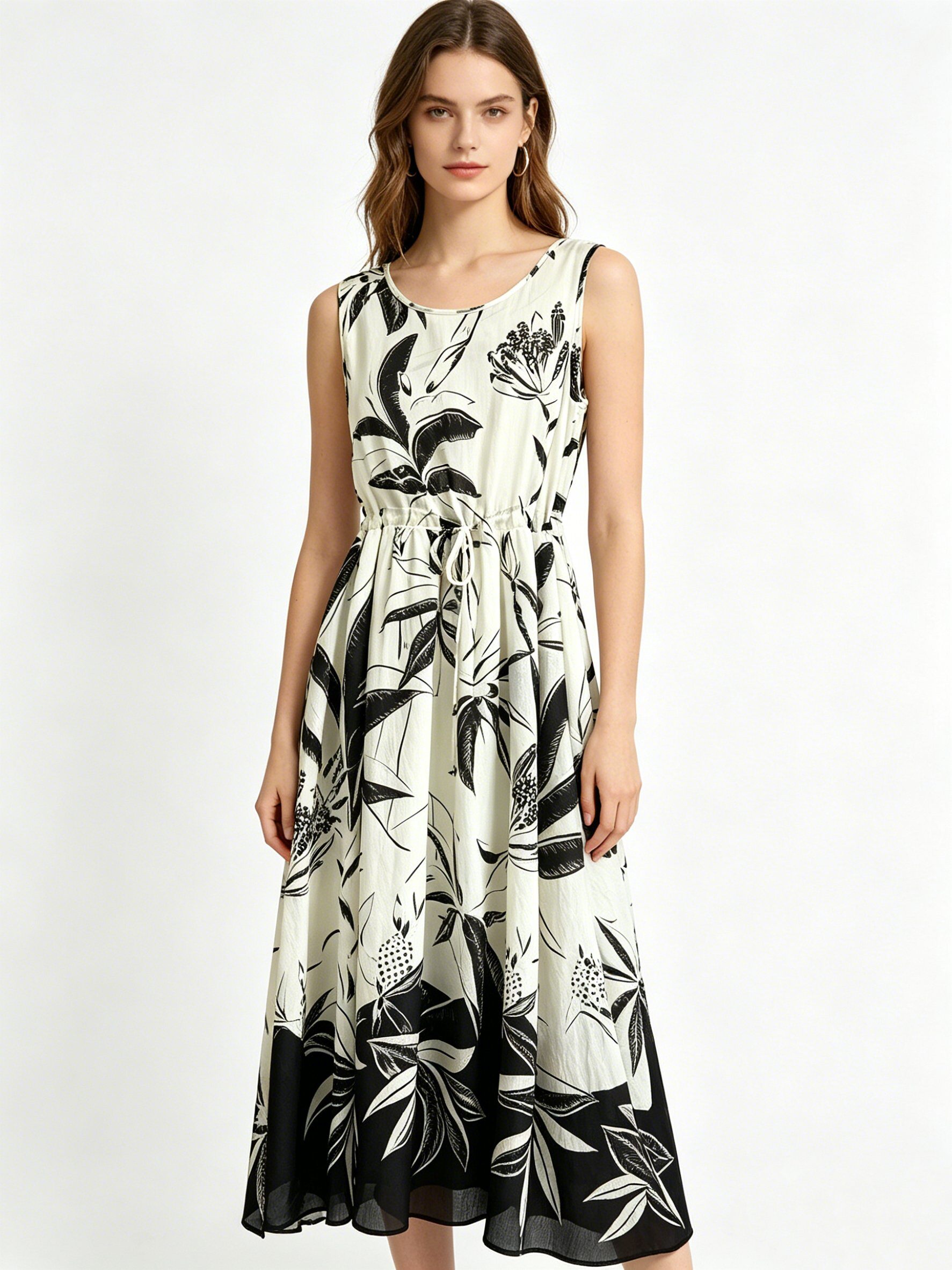 Mayorista SweetMiss - Vestido sin mangas, escote redondo, largo midi, estampado botánico en blanco y negro, cintura con cordón, cintura elástica, tejido súper ligero, fresco
