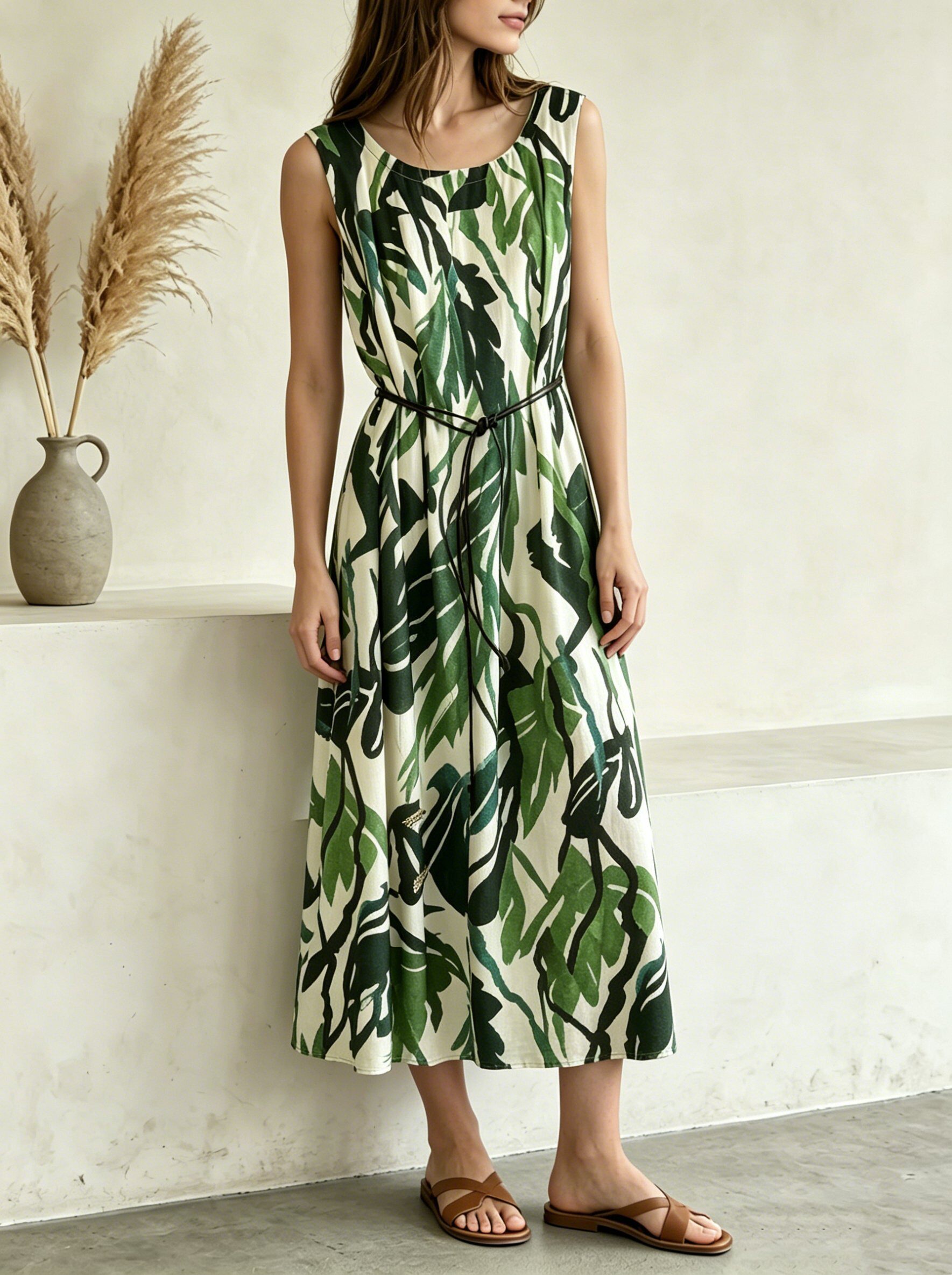 Mayorista SweetMiss - Vestido sin mangas, vestido midi, cintura definida, vestido estampado tropical de hojas, con cinturón, minimalismo, vestido de verano.