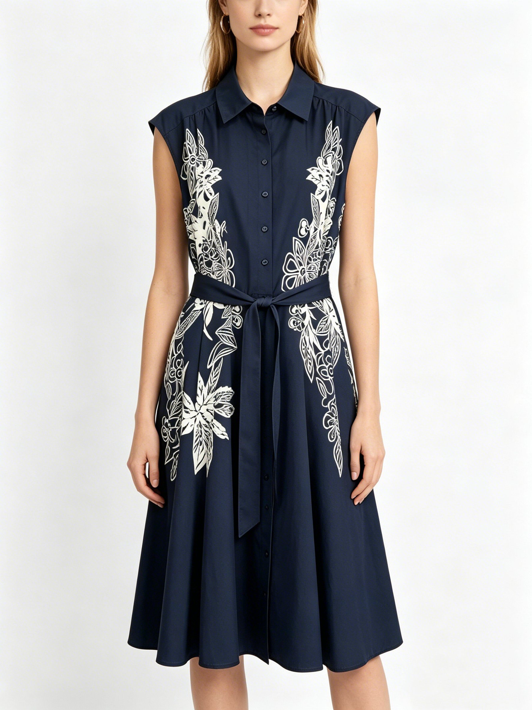 Mayorista SweetMiss - Vestido elegante de mujer, vestido camisero, midi, con cinturón, vestido con botones, vestido azul marino, estampado floral, estilo casual