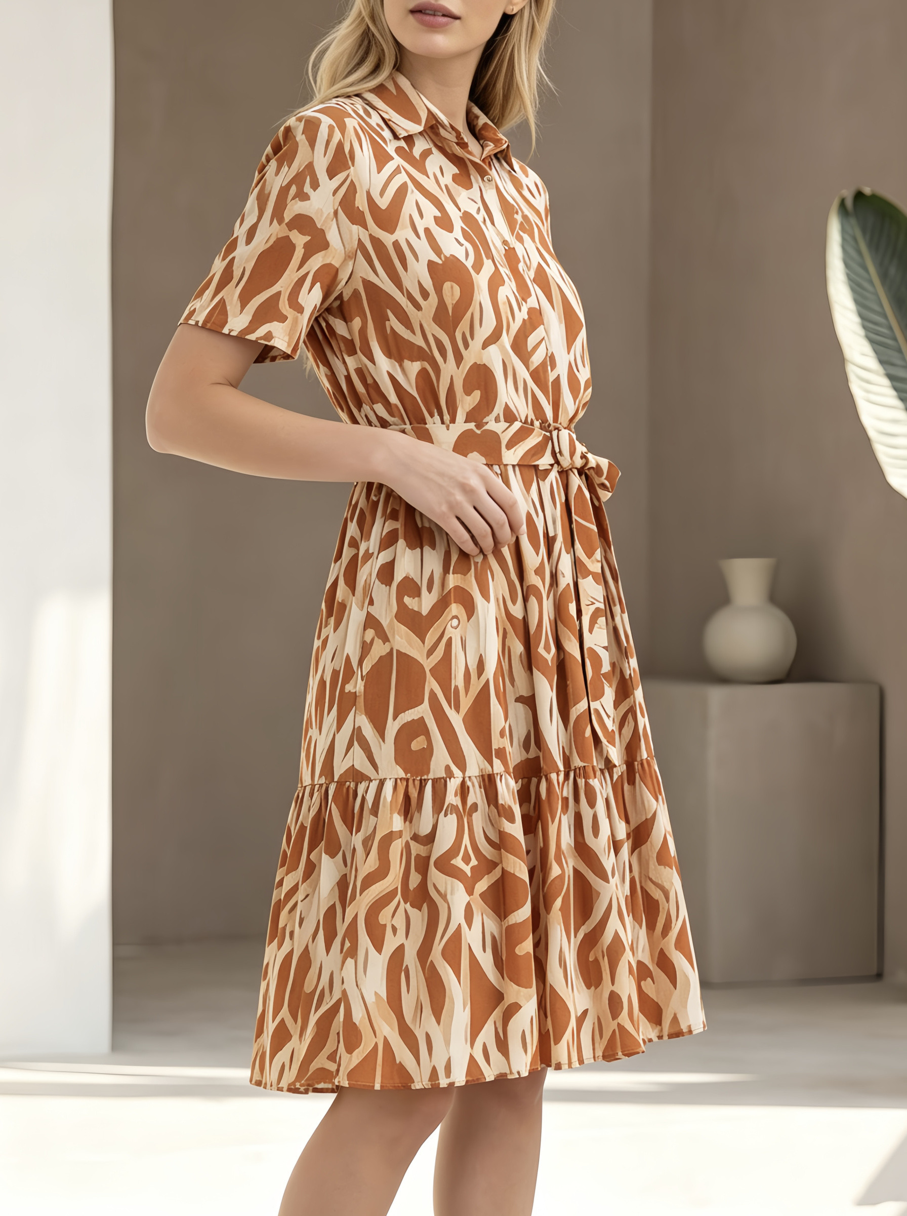Wholesaler SweetMiss - Patterned shirt dress, shirt collar, waist with belt and bow, ruffled skirt, midi dress, elegant casual, with short sleeves.