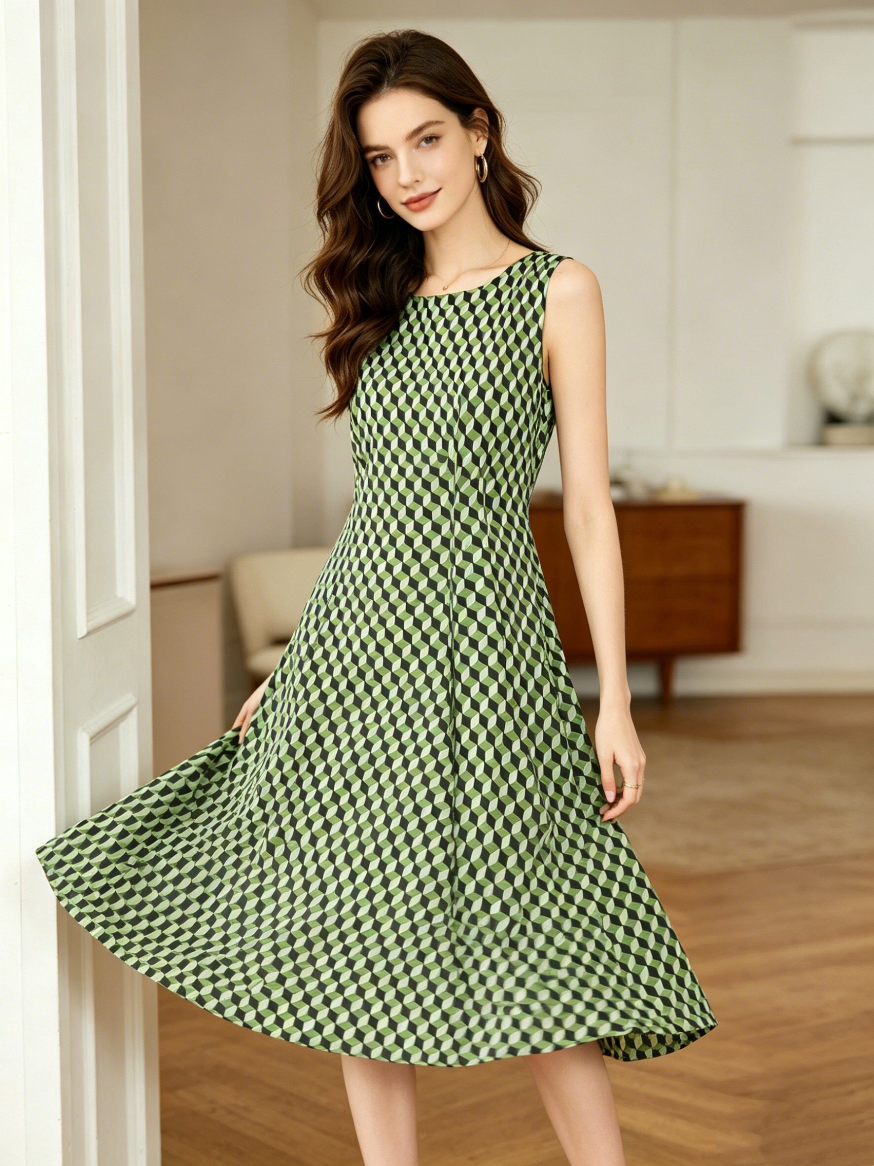 Mayorista SweetMiss - Vestido sin mangas con estampado geométrico, vestido de línea A de longitud media, chaleco elegante, alta calidad.