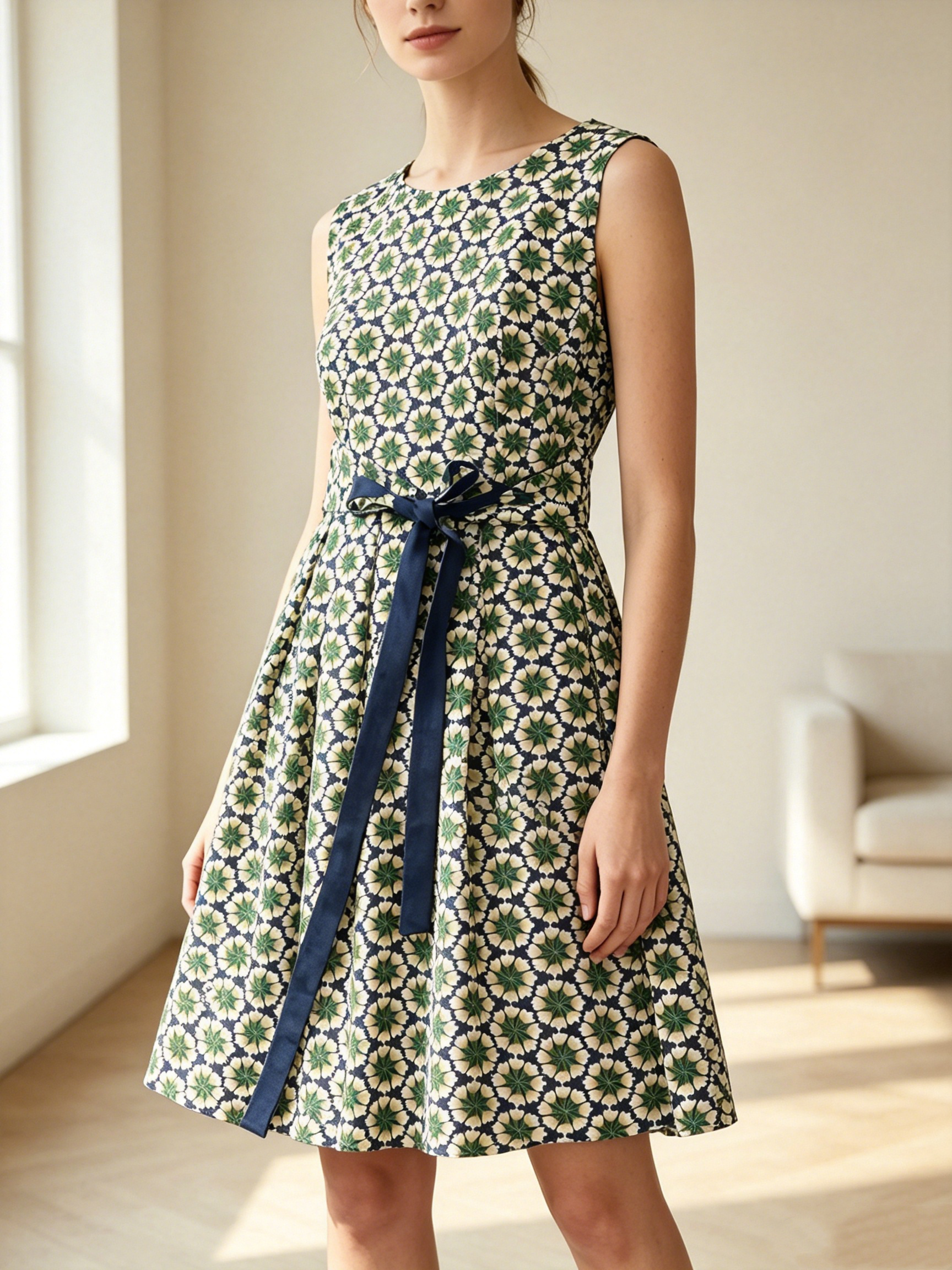 Grossista SweetMiss - Vestito senza maniche floreale a vita stretta,medello a girocollo senza maniche, linea A midi,taglio snellente a vita definita, su base blu navy.