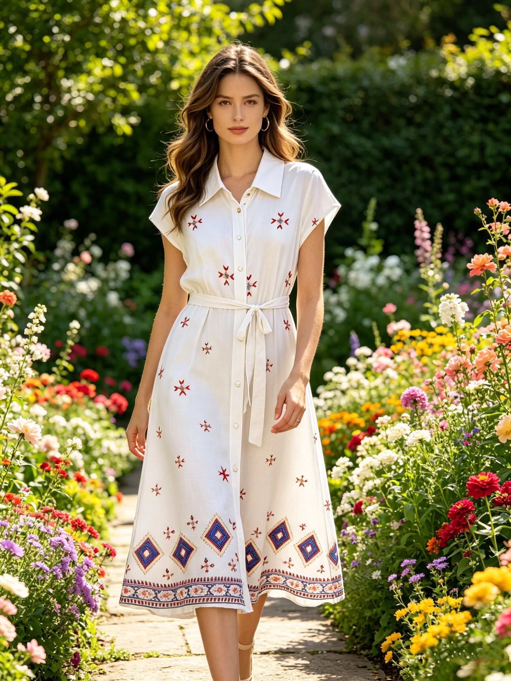 Mayorista SweetMiss - Vestido camisero de mujer, vestido midi con cuello clásico y botones, con cinturón en la cintura, tejido transpirable, estilo boho chic, folk