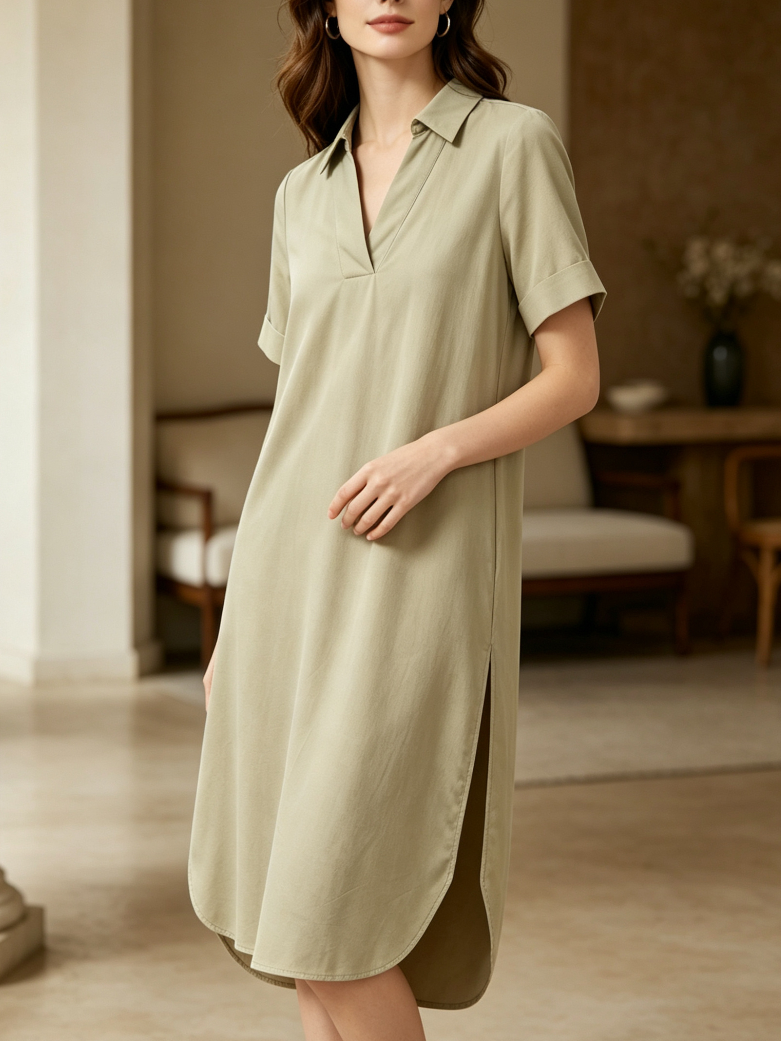 Wholesaler SweetMiss - Midi shirt dress, shirt collar, V-neckline without buttons, short sleeves with cuffs, oversized straight cut, asymmetrical side split hem.