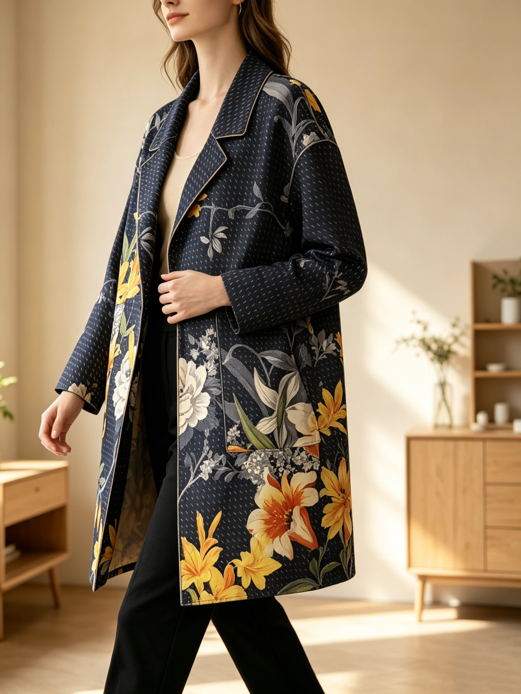 Wholesaler SweetMiss - Long coat with floral print, notched lapel, oversized fit, front pockets, dark blue base color, retro botanical style