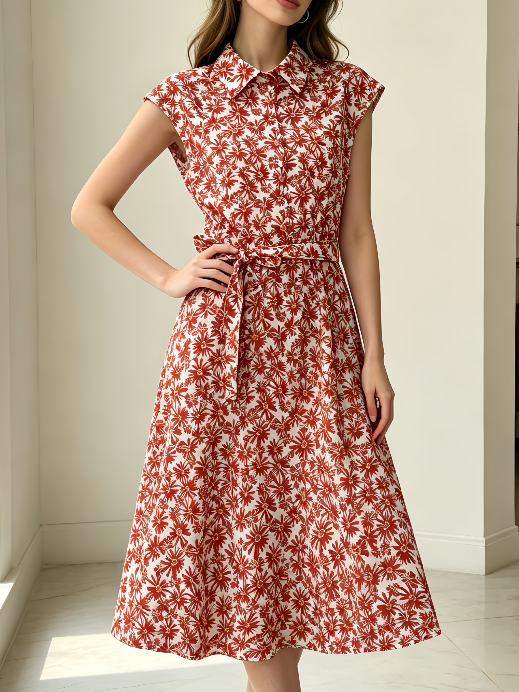 Wholesaler SweetMiss - Midi shirt dress, floral print, classic collar, front button closure, sleeveless / with covered shoulders, flared belt / A-line, elegant