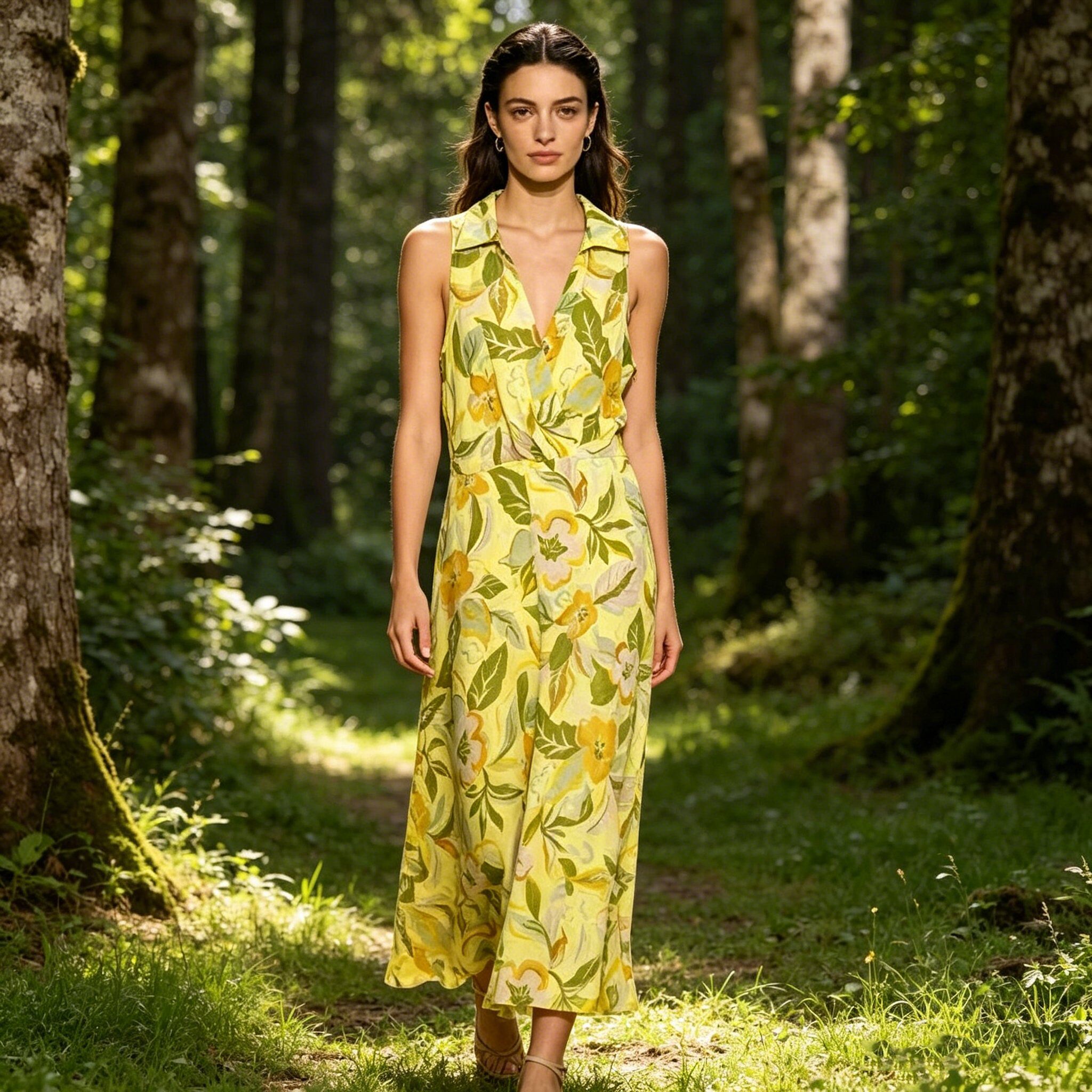 Wholesaler SweetMiss - Sleeveless yellow floral dress, summer, botanical print V-neck, fluid, fancy, simple, elegant