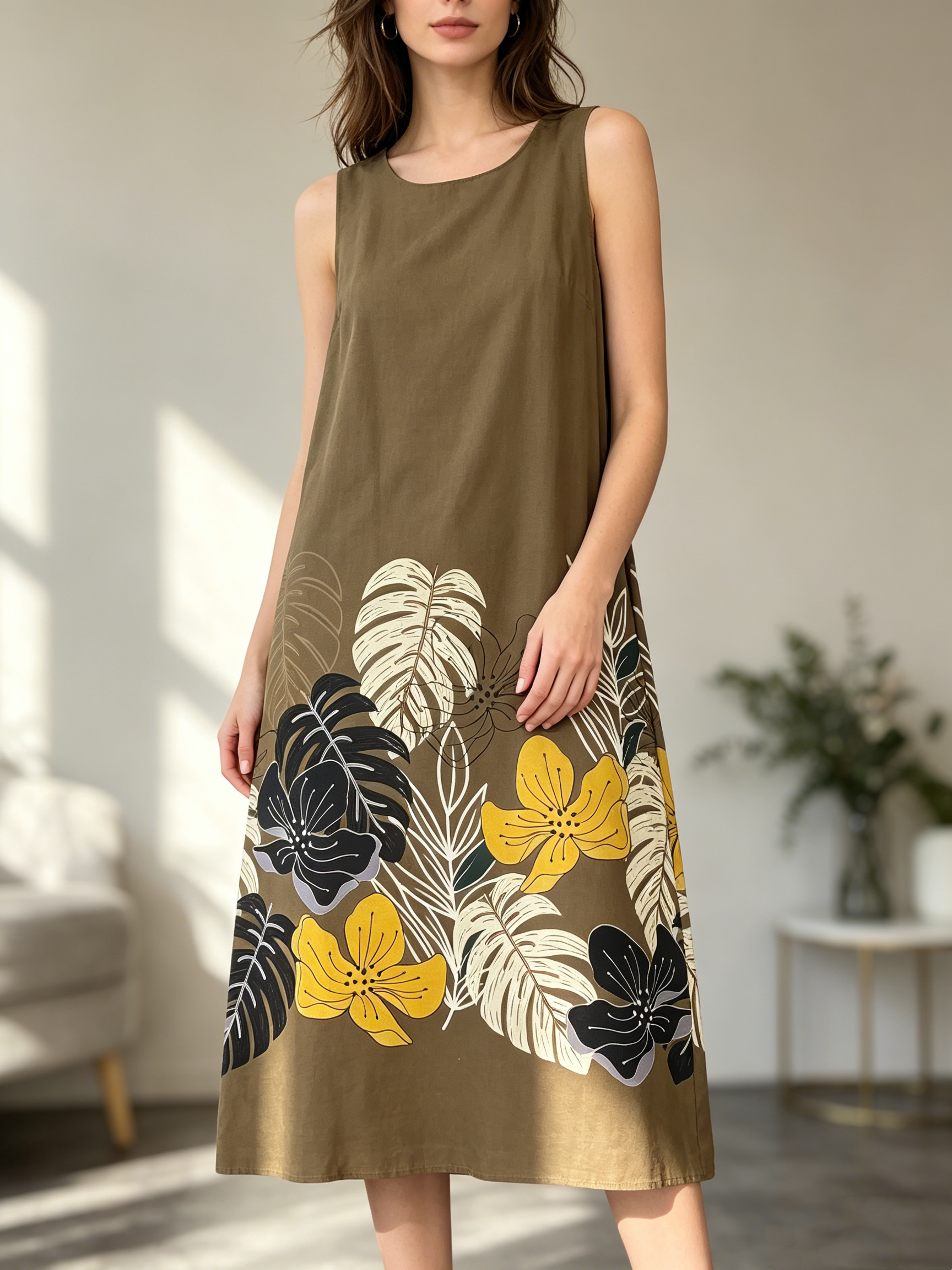 Wholesaler SweetMiss - Sleeveless midi dress, straight and simple line, round neckline, loose and comfortable fit, linen-cotton fabric, tropical leaf patterns