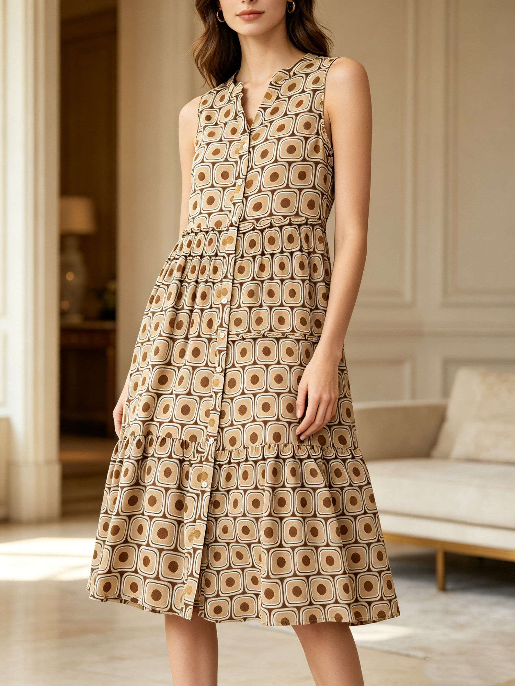Wholesaler SweetMiss - Sleeveless layered dress, V-neck shirt dress, A-line midi dress, single-button open dress, fluid and breathable fabric.
