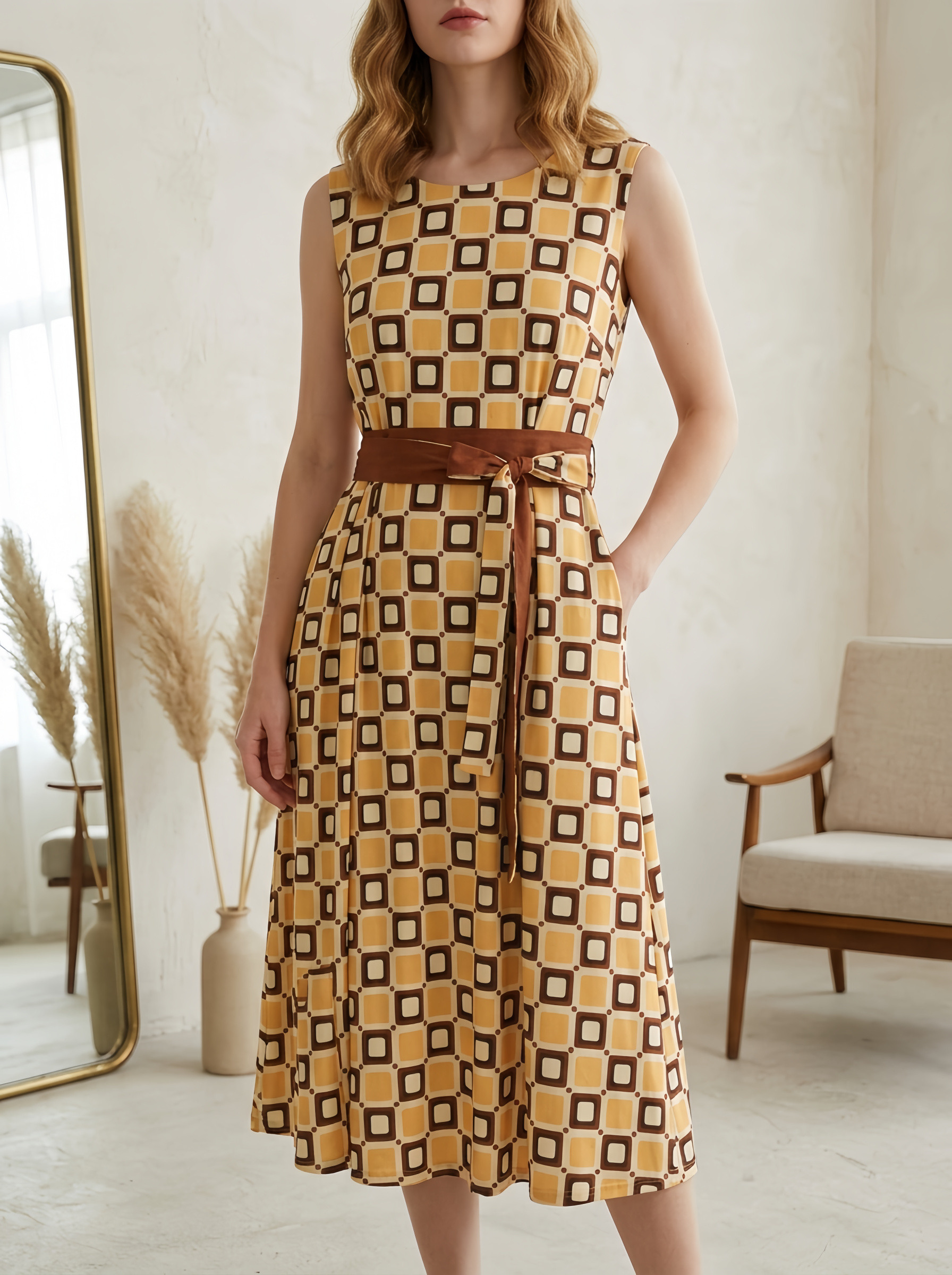 Mayorista SweetMiss - Vestido de mujer sin mangas, estampado geométrico/cuadros, cuello redondo, cintura definida con cinturón a juego, falda cruzada/plisada, largo midi.