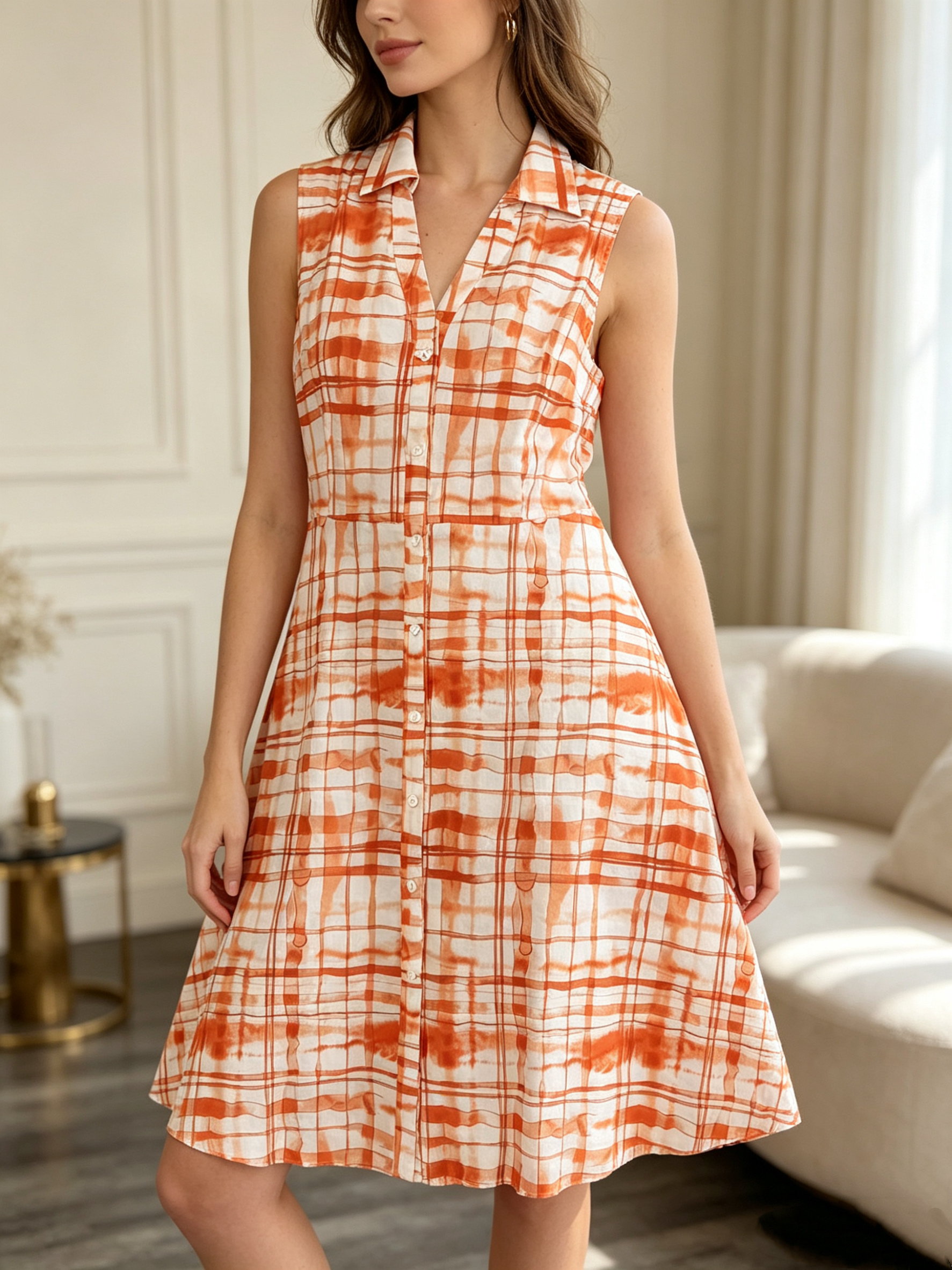 Mayorista SweetMiss - Vestido camisero midi sin mangas, cuello camisero, cierre completo de botones frontales, look de vacaciones náuticas, estampado de cuadros en acuarela