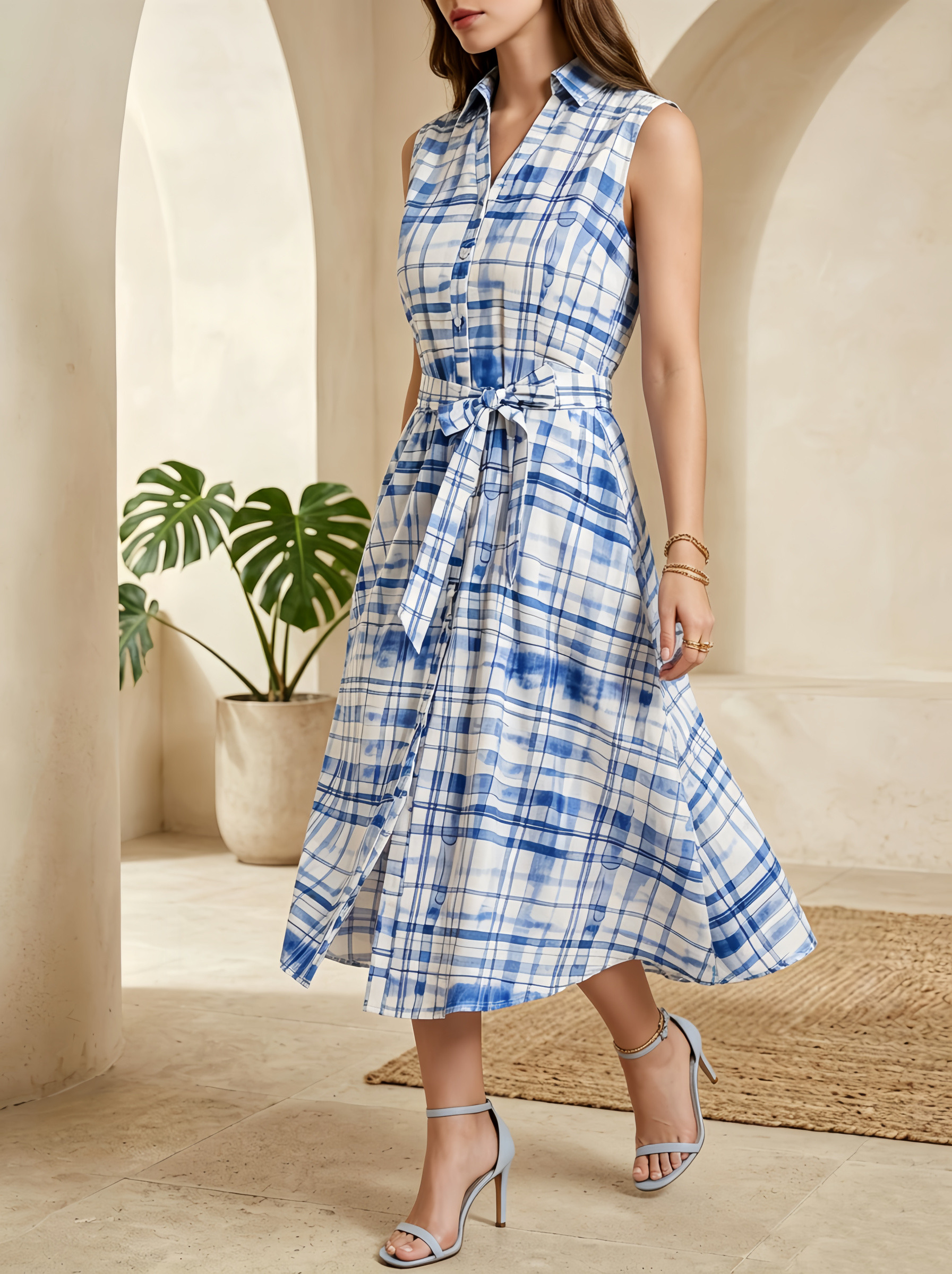 Wholesaler SweetMiss - Sleeveless midi shirt dress, shirt collar, full front button closure, nautical holiday look, watercolor check pattern