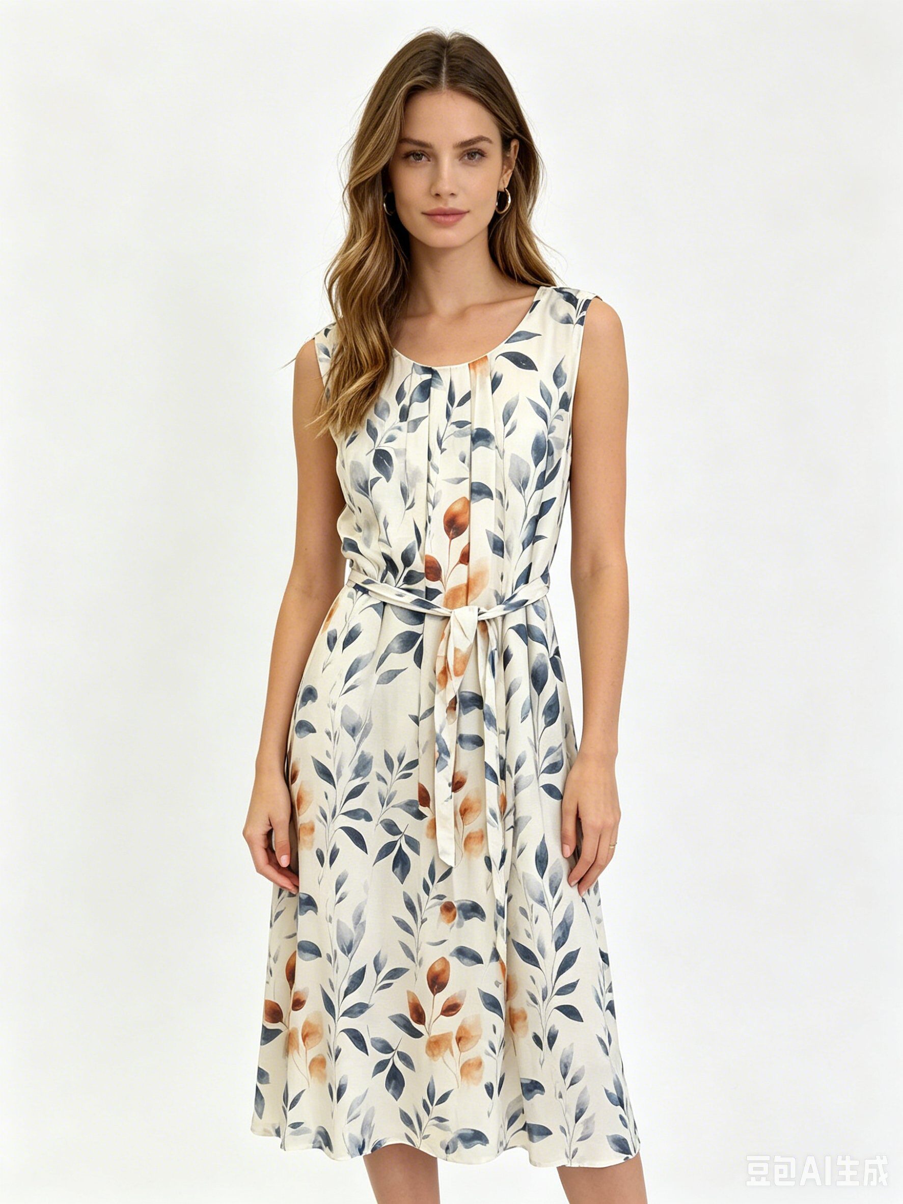 Mayorista SweetMiss - Vestido midi sin mangas, estampado floral/vegetal, pliegues en la parte superior, tejido fluido, estampado.
