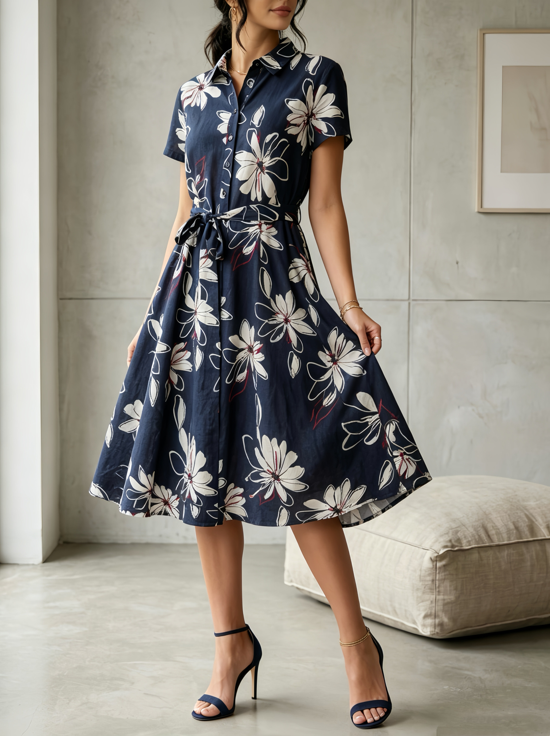 Wholesaler SweetMiss - Short-sleeve shirt dress, notched collar, floral print, dark blue base, everyday elegant style