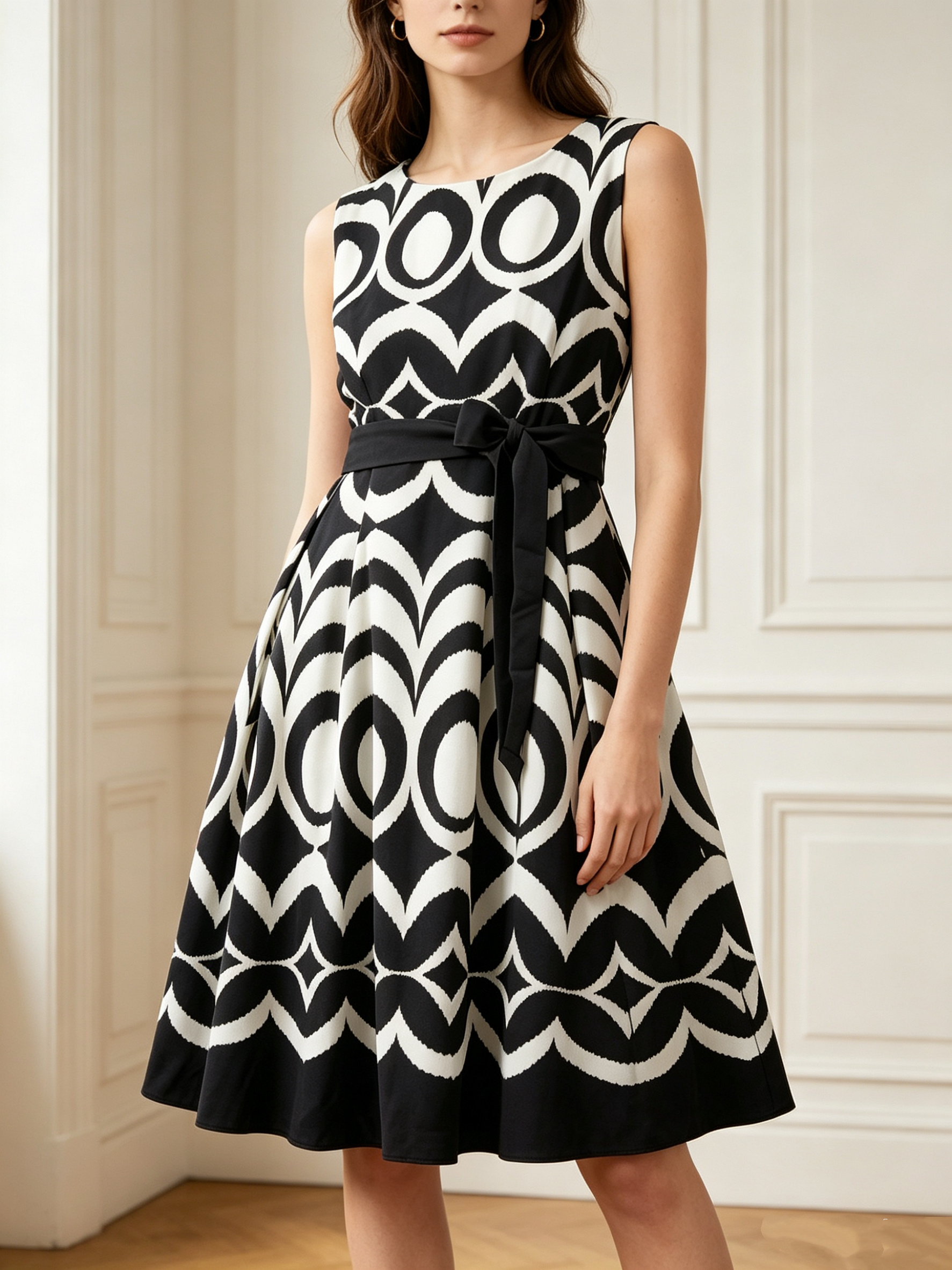 Mayorista SweetMiss - Vestido midi sin mangas, vestido con cinturón, vestido con falda amplia, vestido de verano disponible en varios colores, tejido fresco y transpirable.