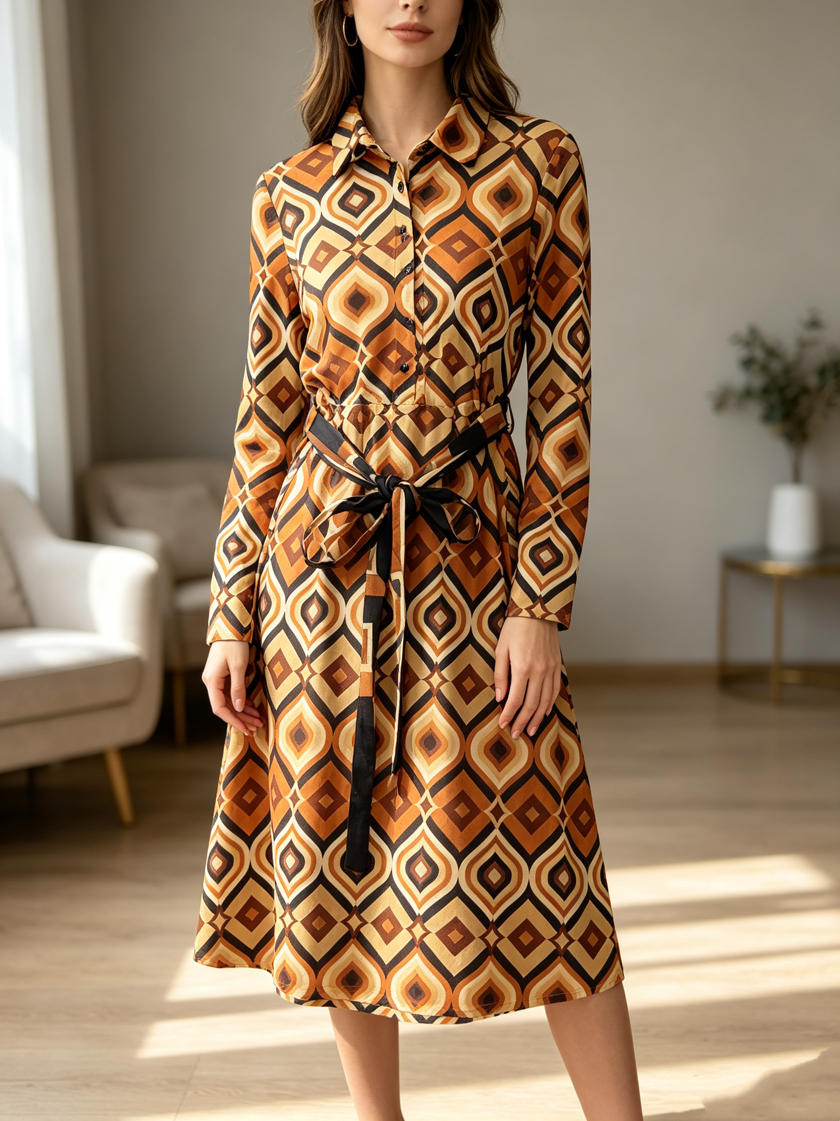 Wholesaler SweetMiss - Long sleeve shirt dress, retro geometric print, shirt collar, bow belt, autumn/winter dress, matte velvet fabric