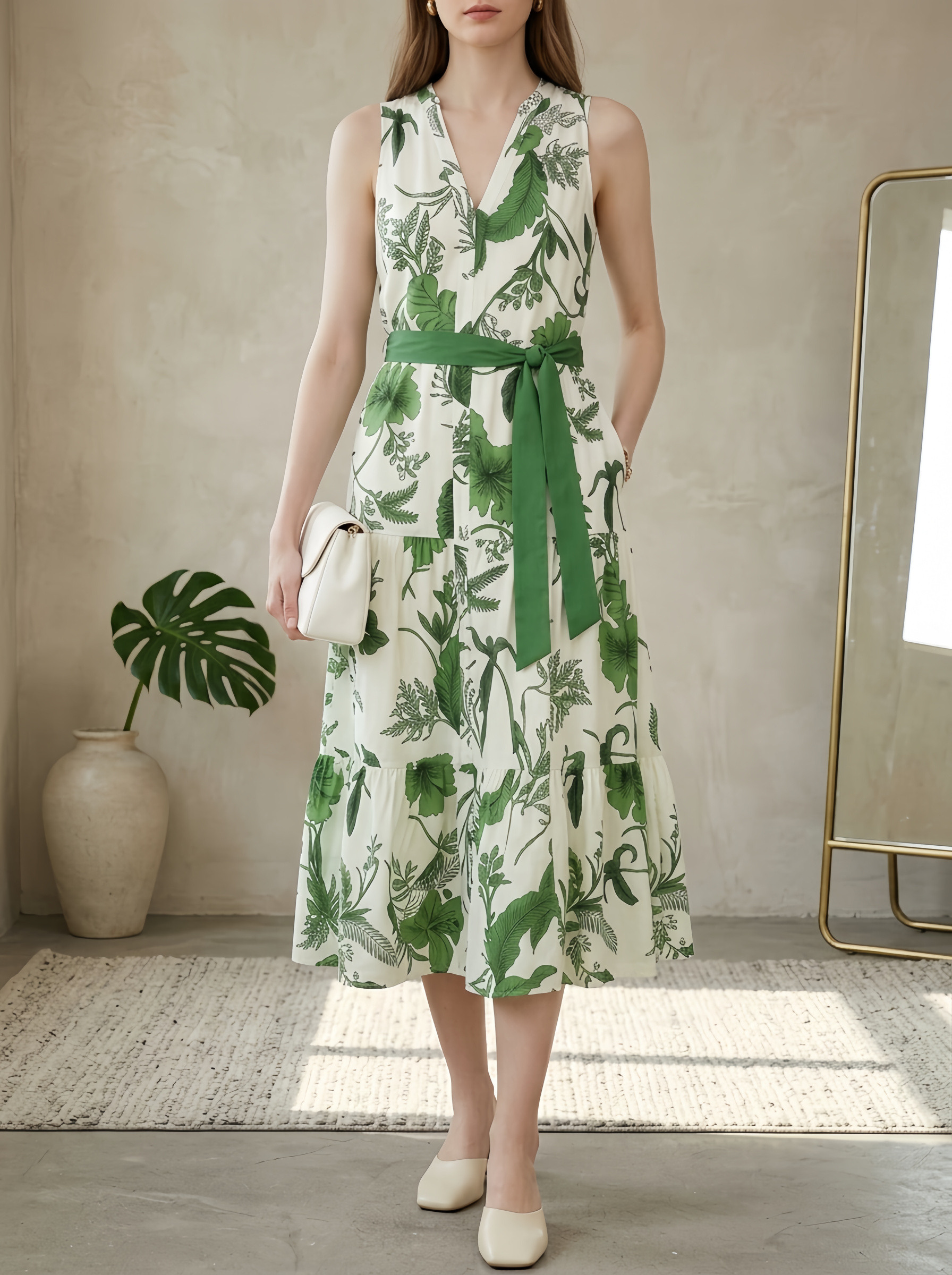 Wholesaler SweetMiss - Sleeveless dress with V-neck and floral print, high-waisted midi with A-line skirt, with pockets, comfortable and breathable