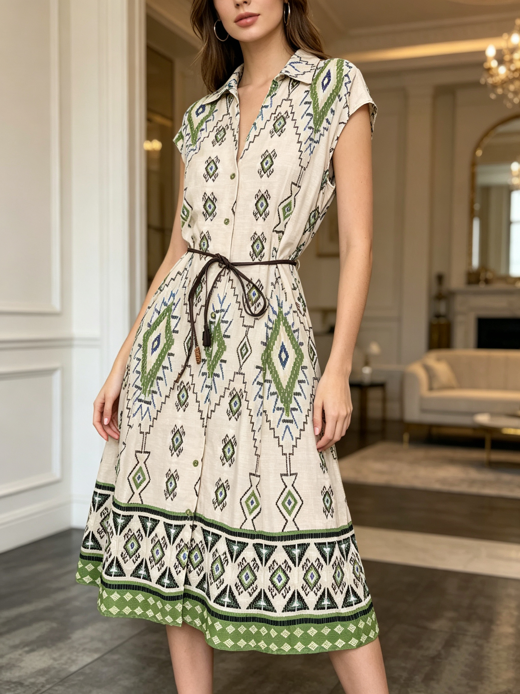 Großhändler SweetMiss - Ethnisches Midi-Hemdkleid, ärmelloses Kleid mit Gürtel, bedrucktes Kleid mit Knopfleiste, mediterraner Urlaubslook