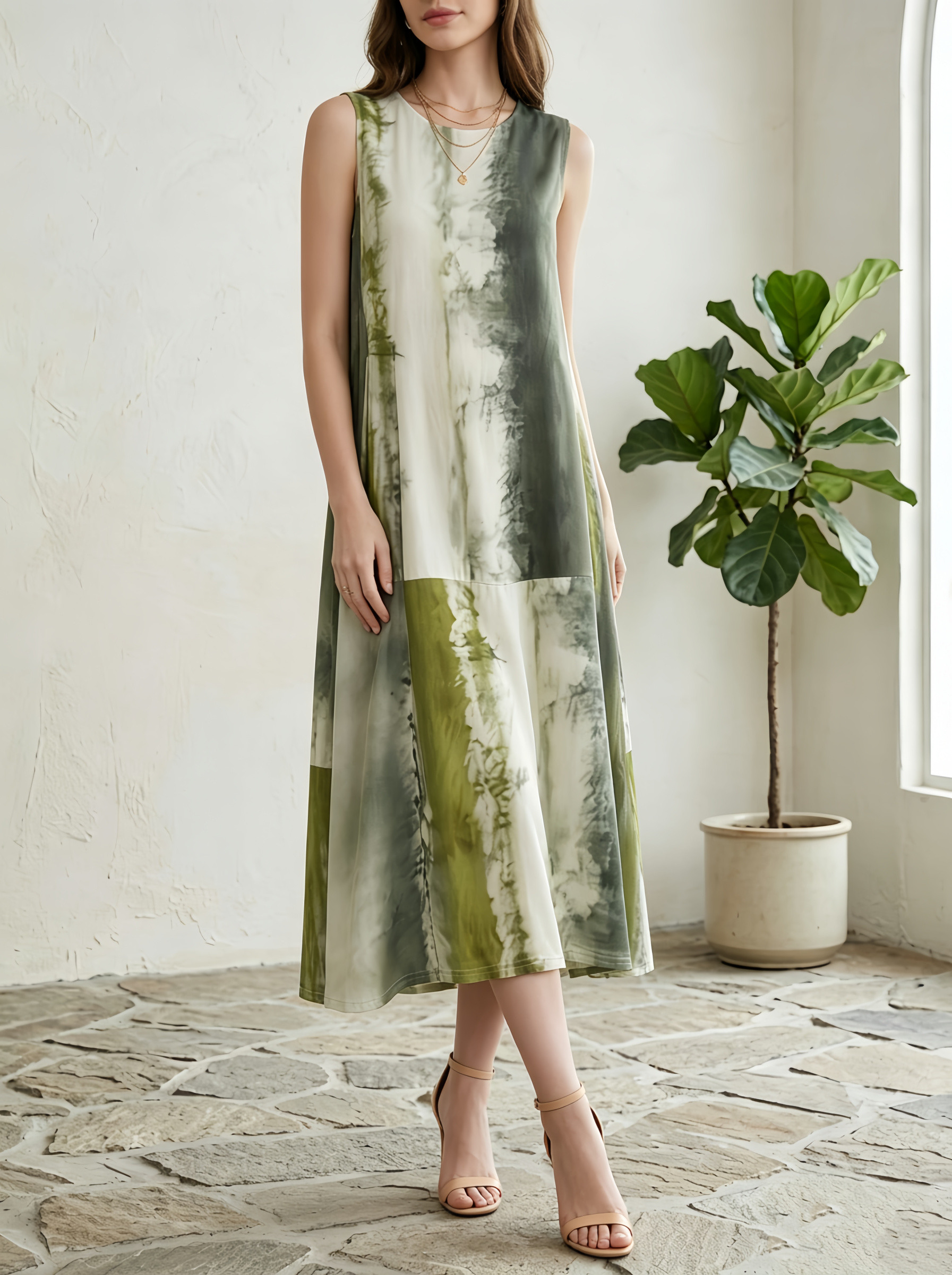 Wholesaler SweetMiss - Sleeveless dress, midi long dress, green tie-dye print, watercolor style, wide trapeze line, sleeveless round neckline, lightweight fluid fabric