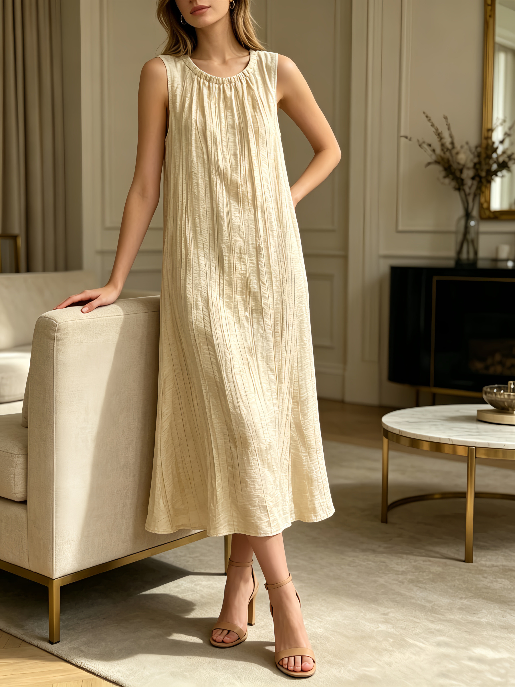 Wholesaler SweetMiss - Sleeveless long dress with vertical pleats, lightweight crinkle/pleated effect fabric, gathered round neckline, trapeze cut.