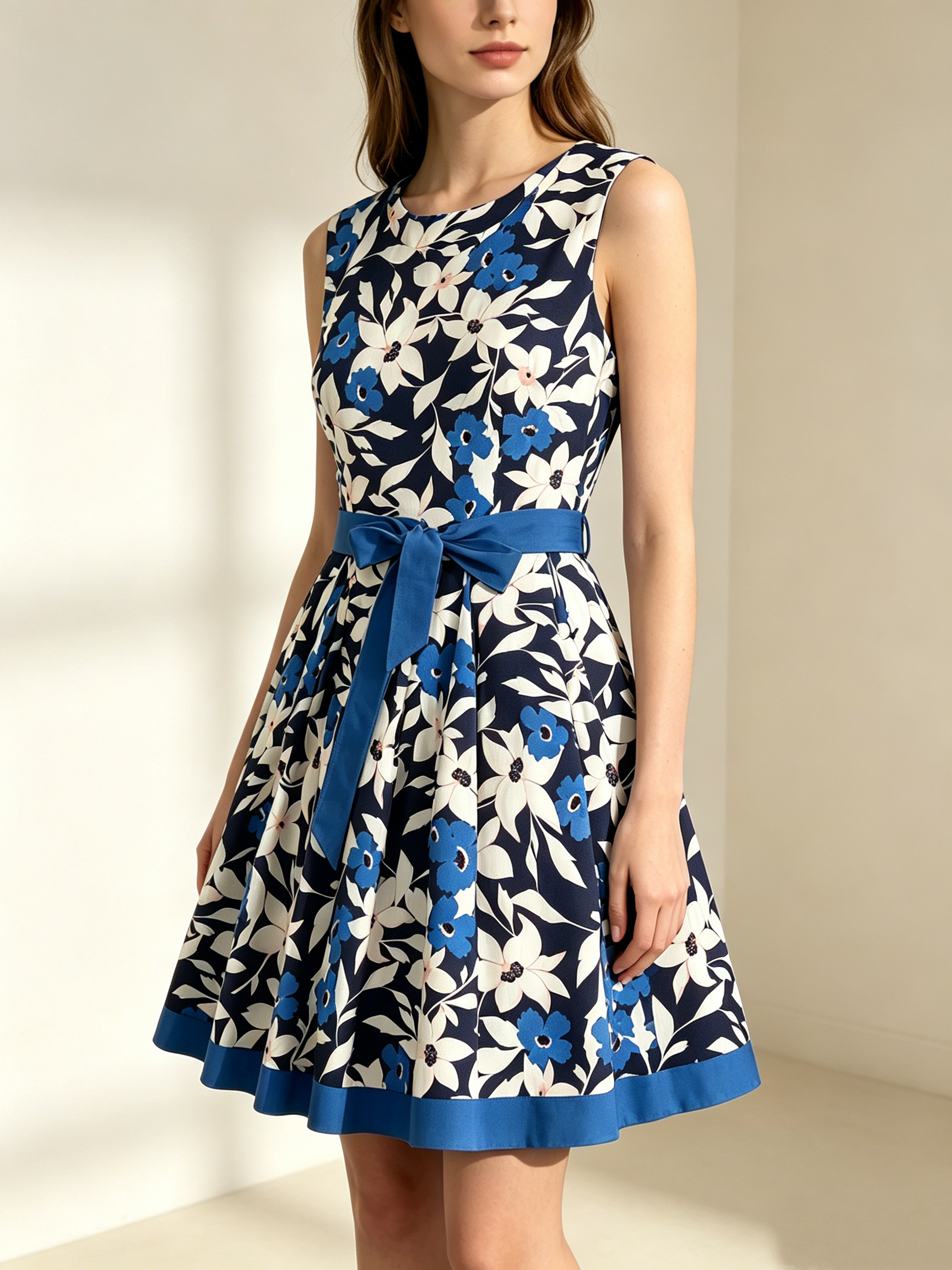 Grossiste SweetMiss - Robe sans manches, robe courte à jupe évasée A, robe col rond, fond bleu foncé, bordure bleue à la jupe, motif floral blanc et bleu.