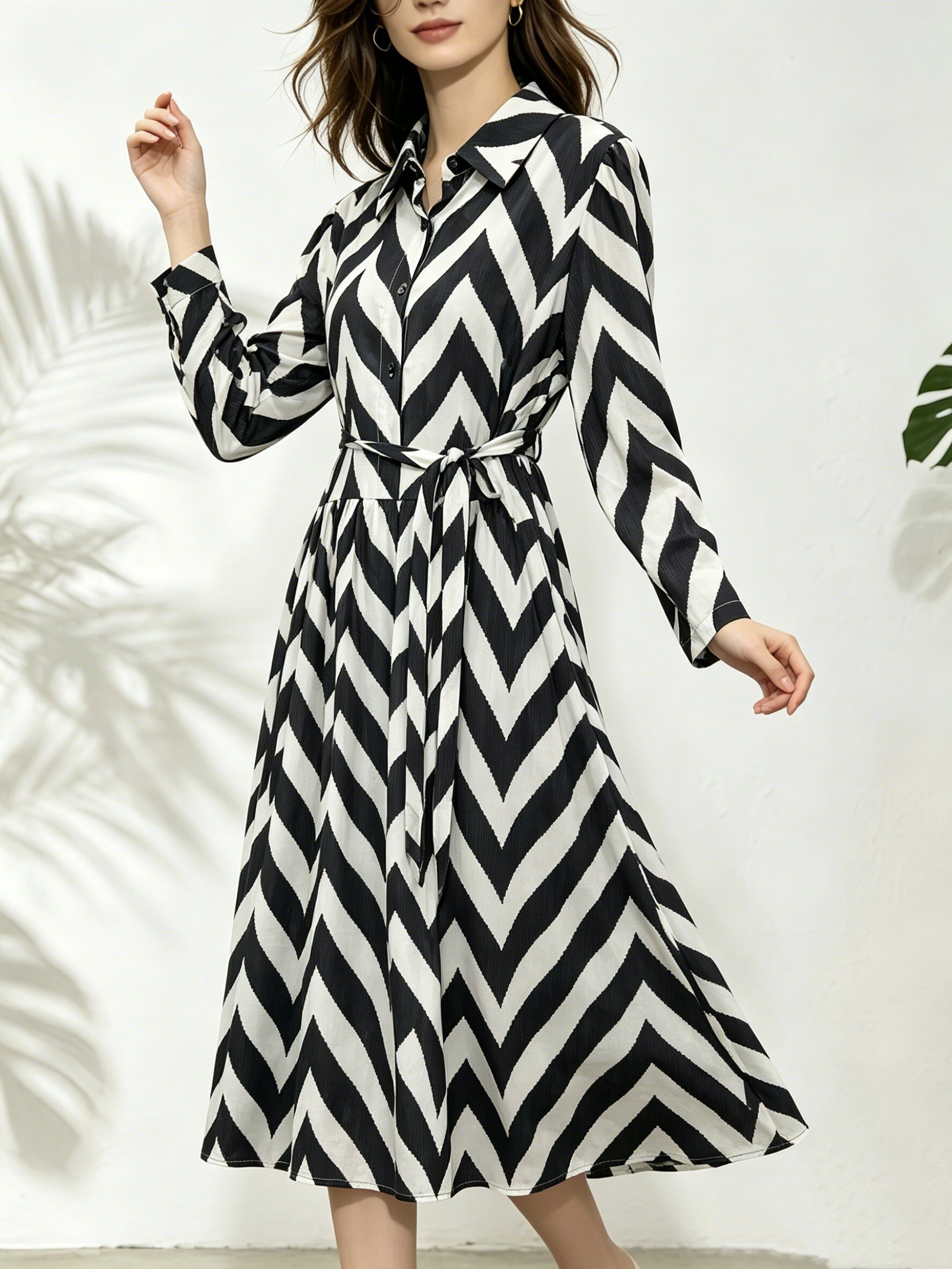 Mayorista SweetMiss - Vestido camisero con estampado de chevron beige y negro, con cinturón, vestido midi con botones, vestido elegante a rayas, vestido de día ultraligero