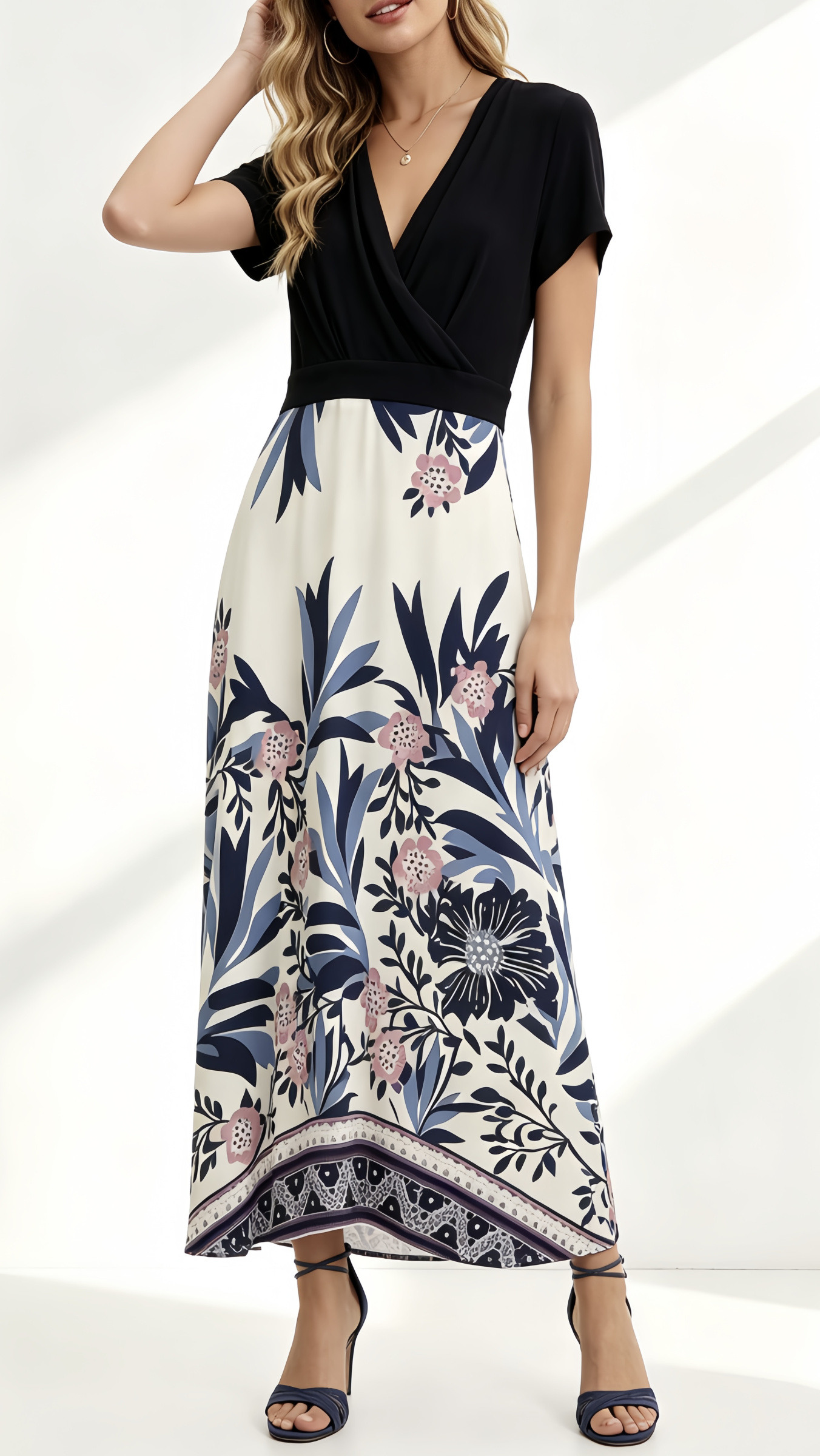 Wholesaler SweetMiss - Midi dress with contrasting band, crossover V-neckline, short sleeves, waistband finish, wide flared skirt, crossover design on the bust