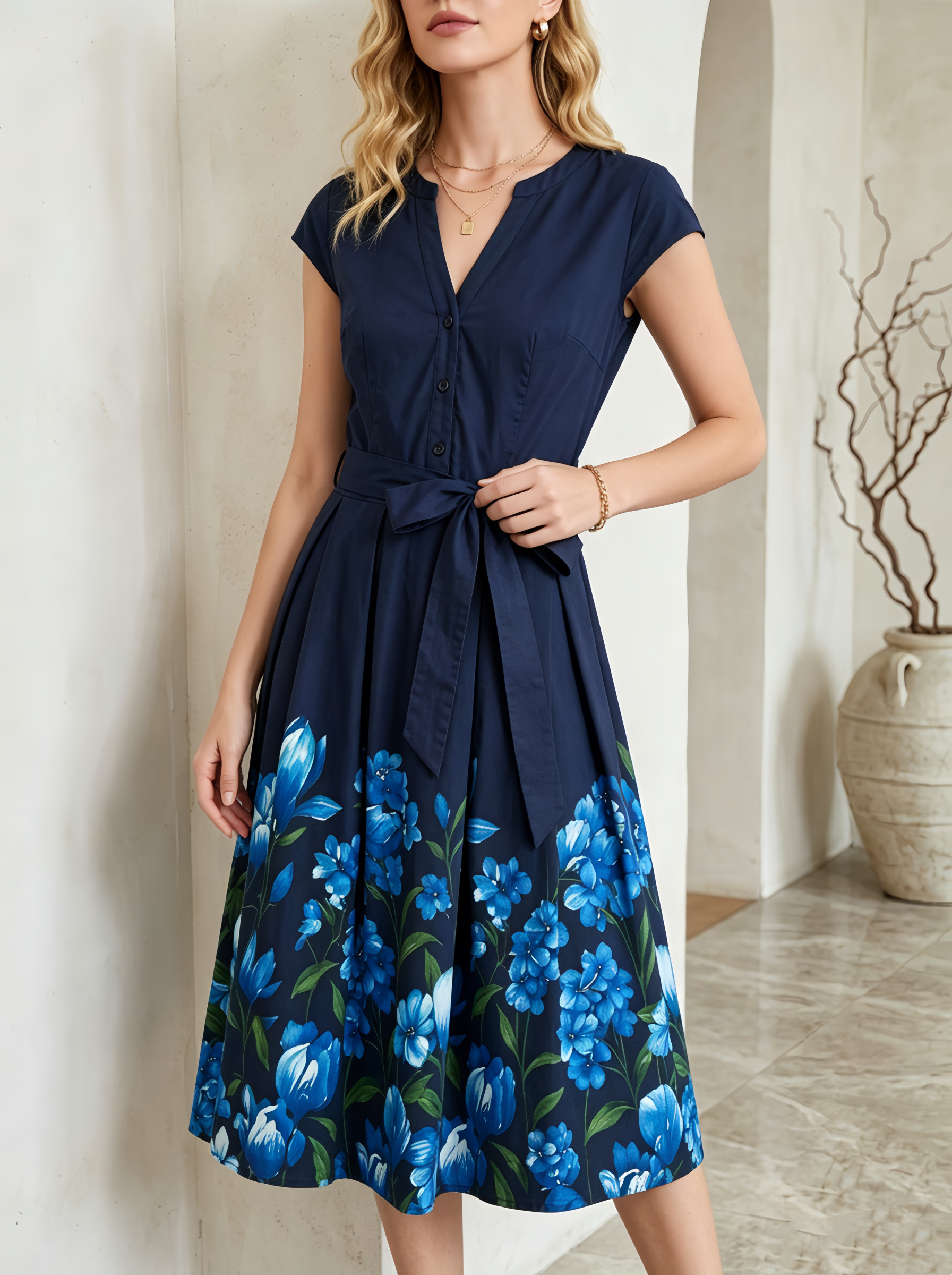Wholesaler SweetMiss - Short-sleeve dress, sleeveless with armholes, V-neck, front button closure, waist with adjustable bow belt, pleated skirt