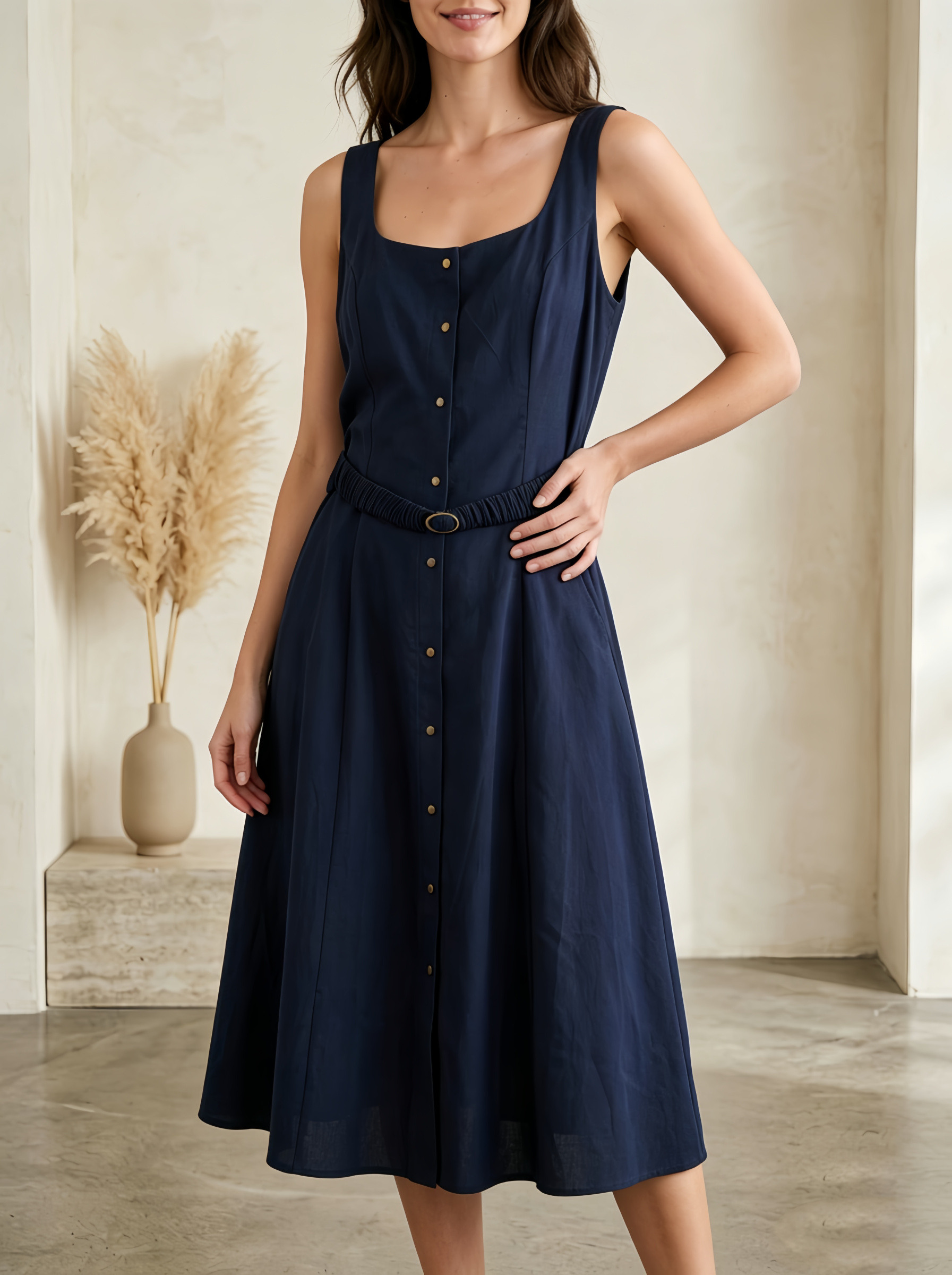 Wholesaler SweetMiss - Sleeveless midi dress with square neckline, A-line flared skirt, wide straps, midi length, elegant casual style, perfect for a summer daily look.