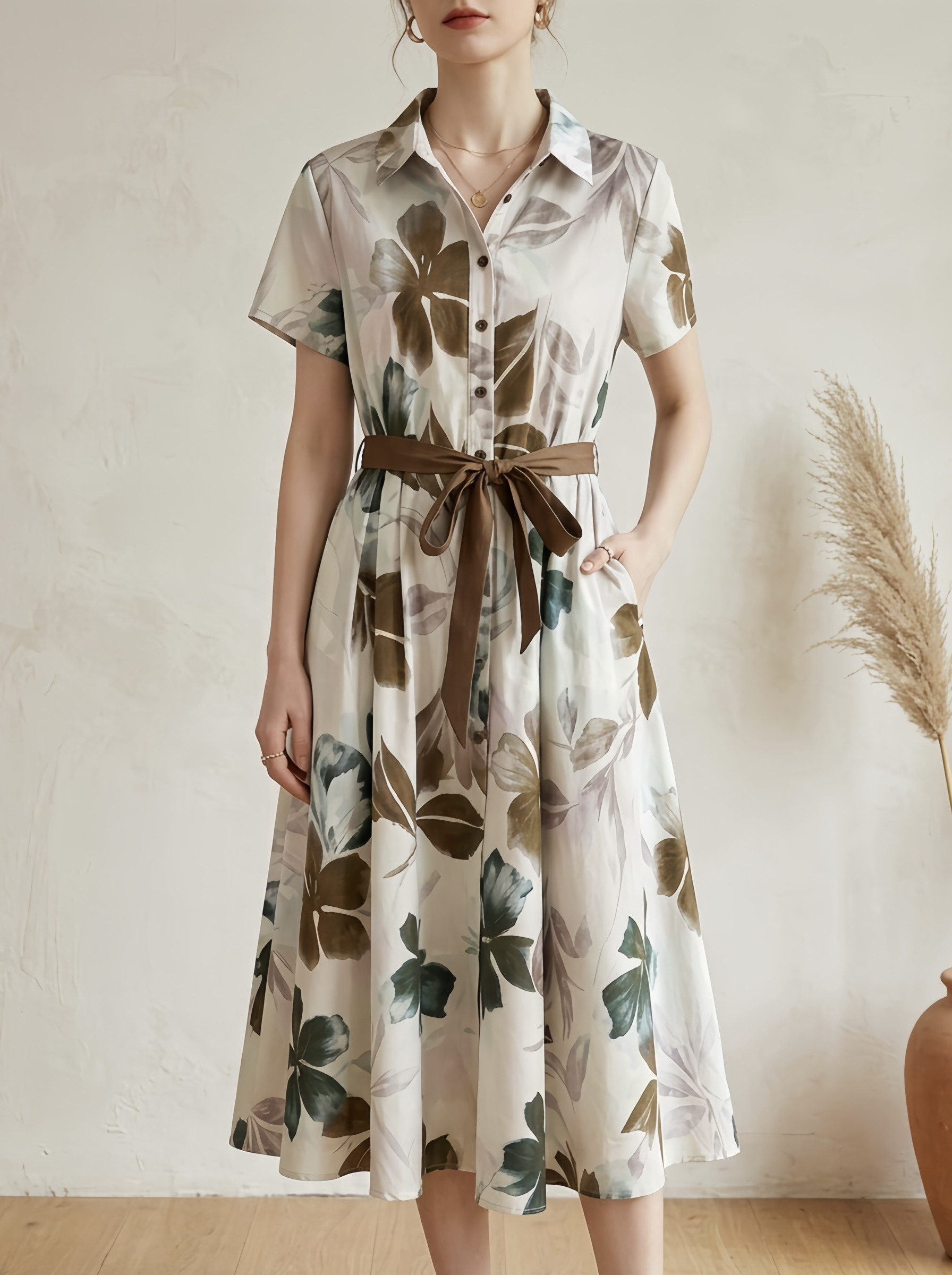 Wholesaler SweetMiss - Short-sleeve shirt dress, front button closure, midi model below the knee, wide flared skirt, with belt, casual summer, elegant