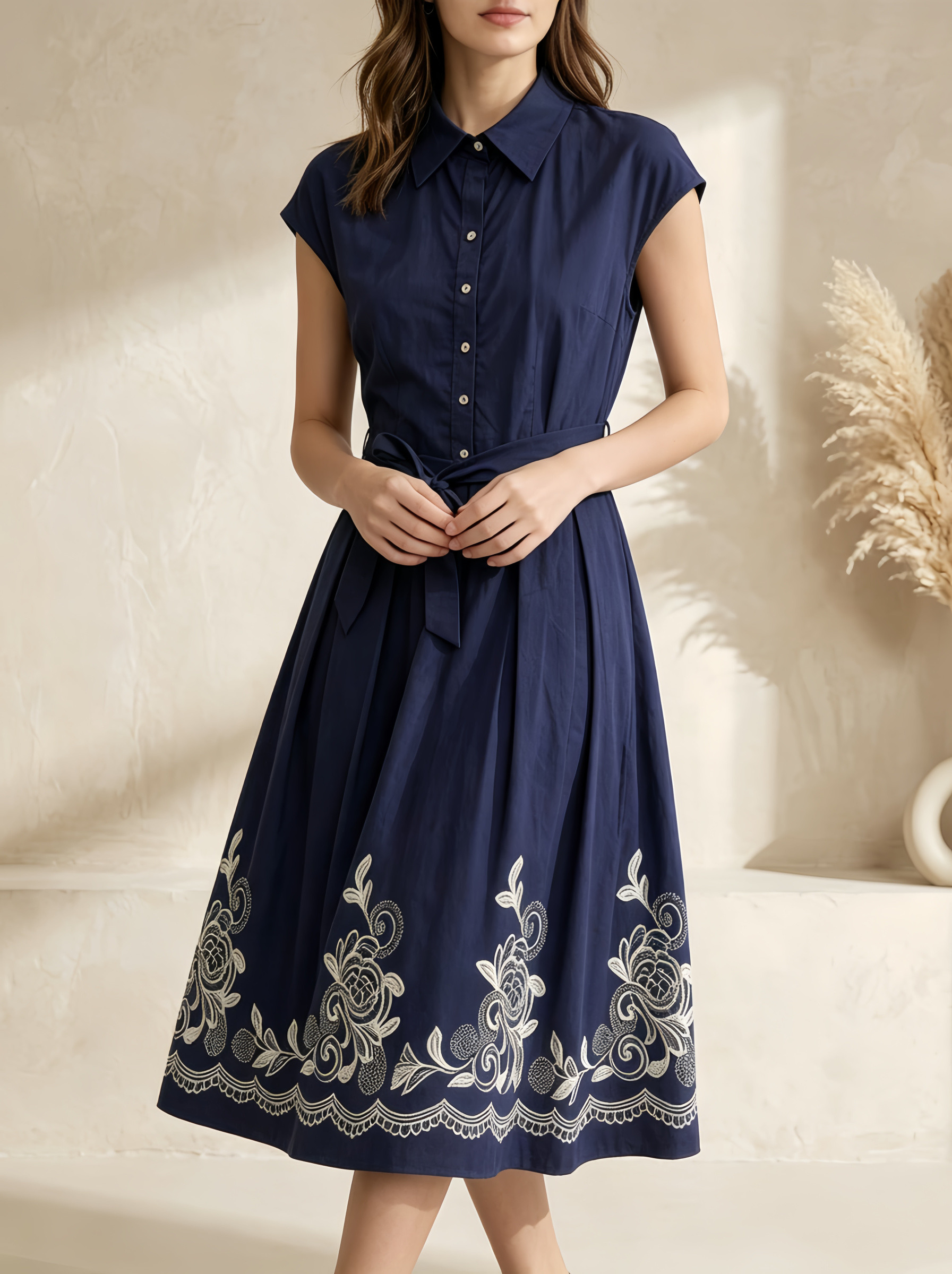 Großhändler SweetMiss - Ärmelloses Hemdkleid, Hemdkragen, Gürtel mit Knöpfen vorne, ausgestellter Faltenrock, Spitzenstickerei, dreidimensionale Stickerei.