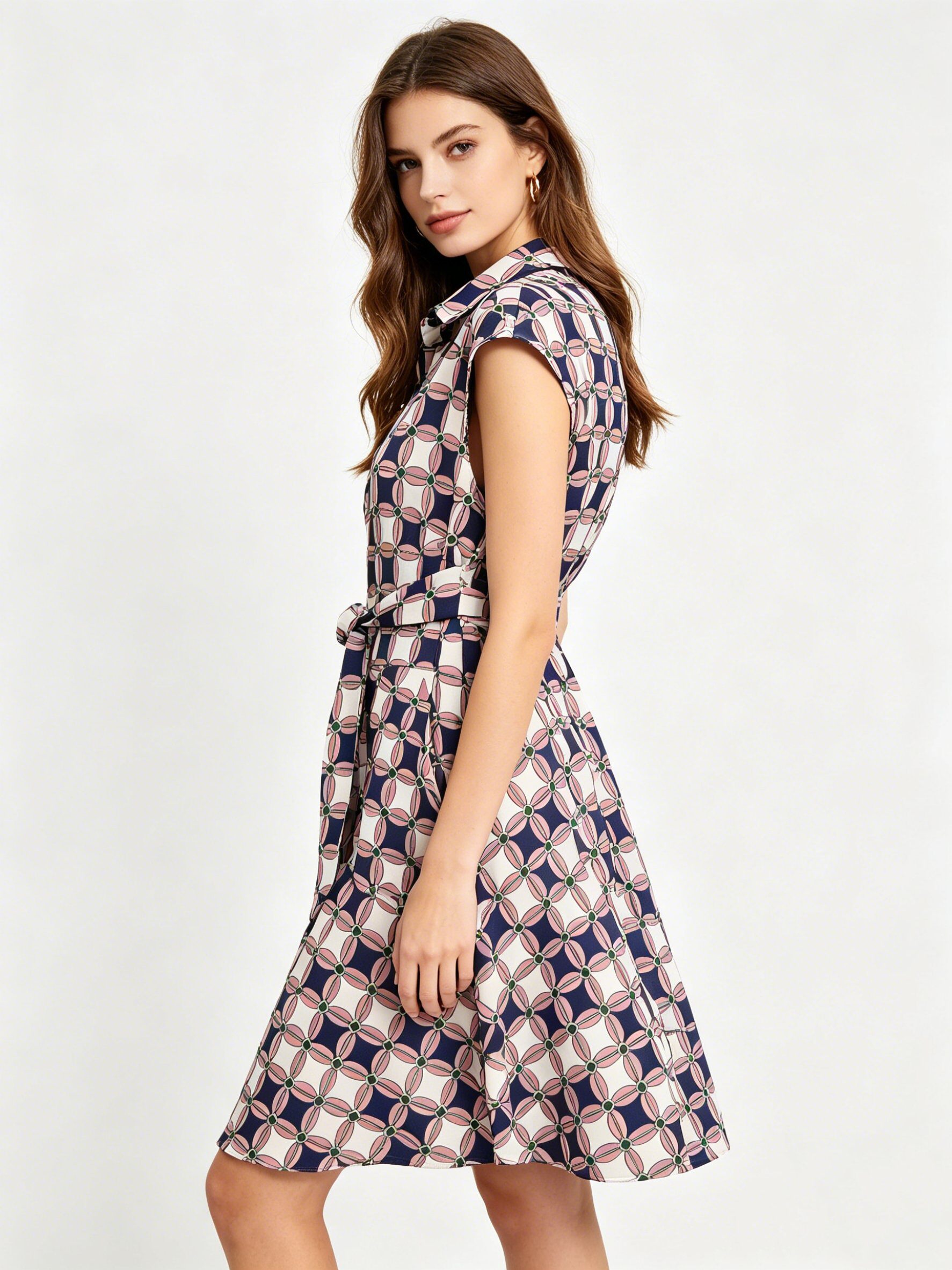 Mayorista SweetMiss - Vestido camisero midi geométrico con cinturón, elegante azul y rosa para oficina, vestido camisero con botones