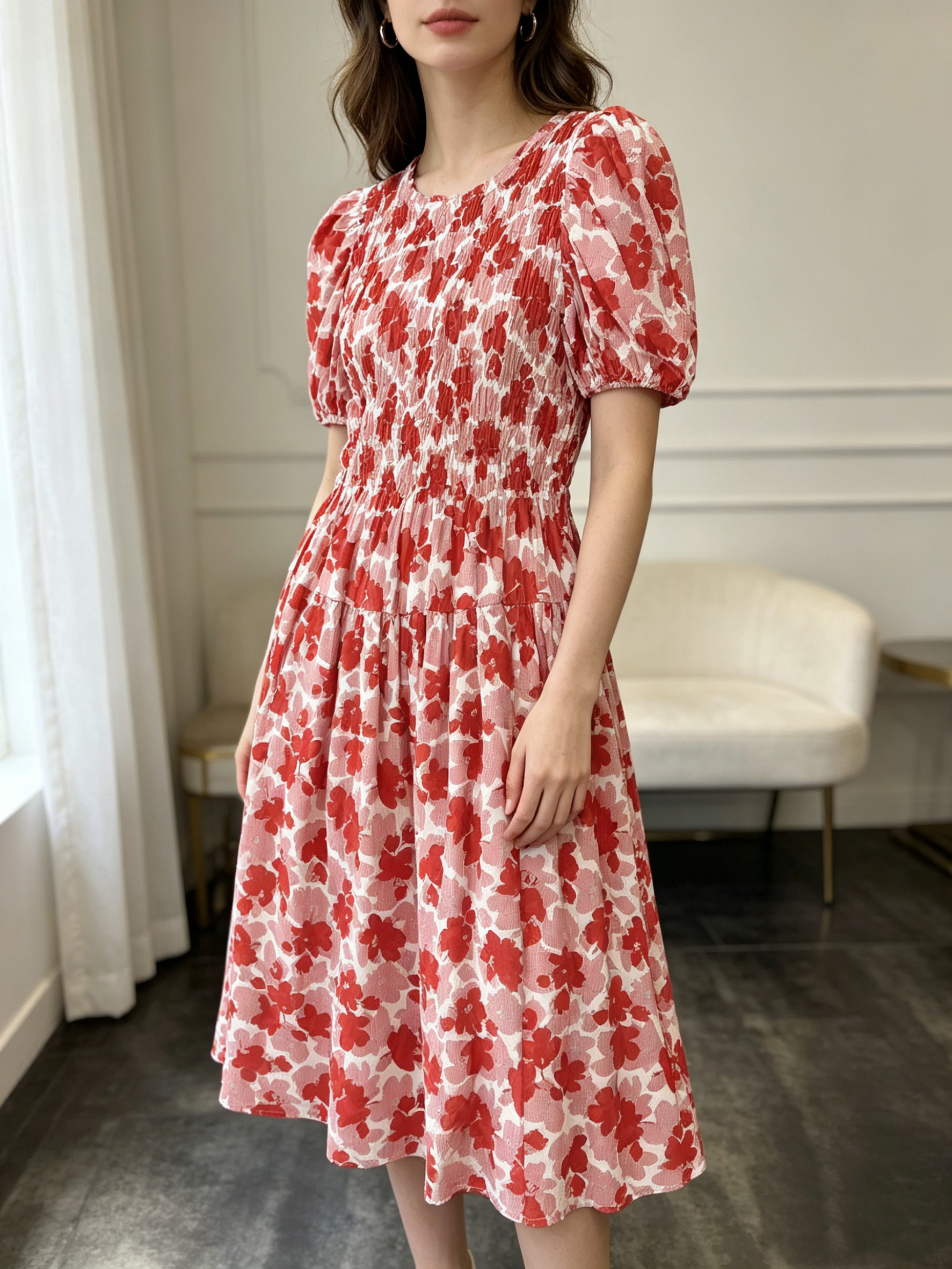 Wholesaler SweetMiss - Floral midi dress with ruched waist, summer dress with puff sleeves, sweet French style, simple round neckline, lightweight flowing fabric.