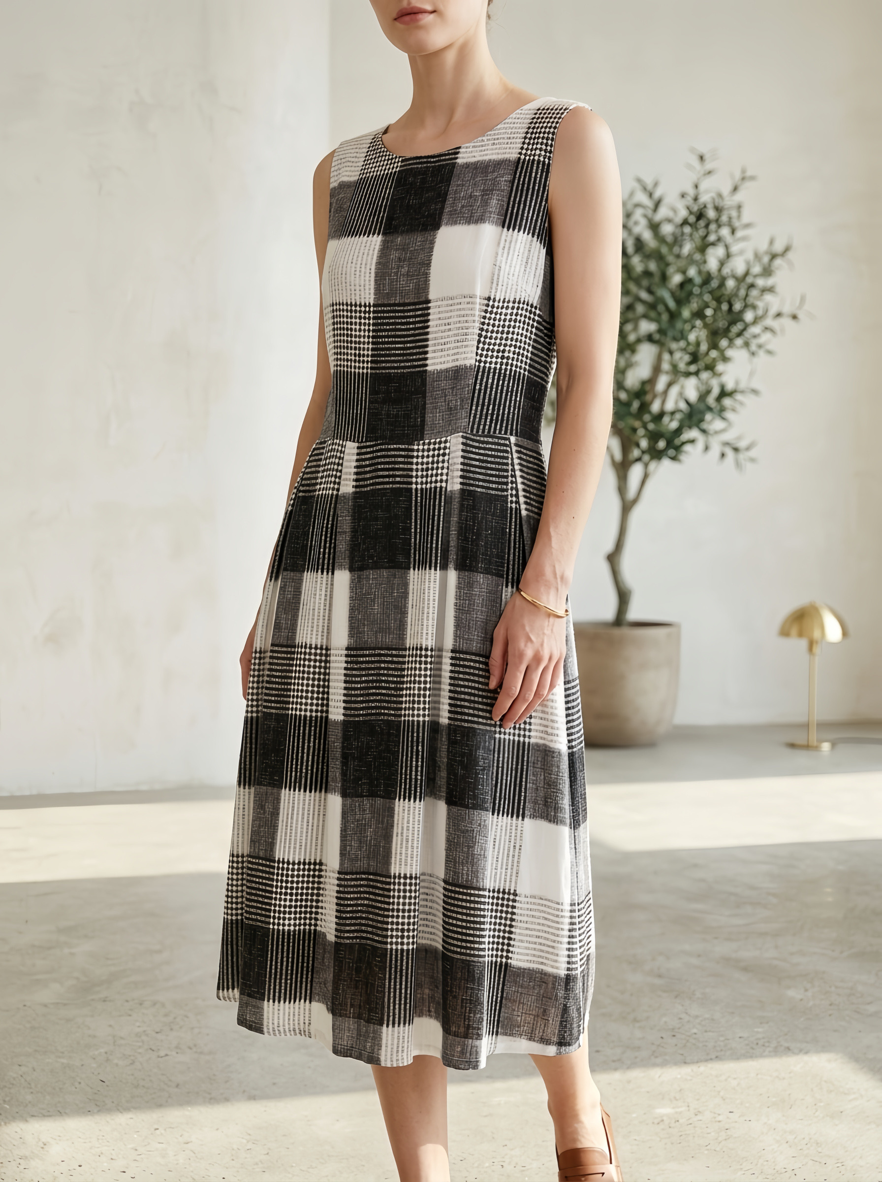 Mayorista SweetMiss - Vestido de mujer sin mangas, estampado a cuadros, colores negro, blanco y gris, efecto lino/mezcla de lino, cintura definida con pliegues.