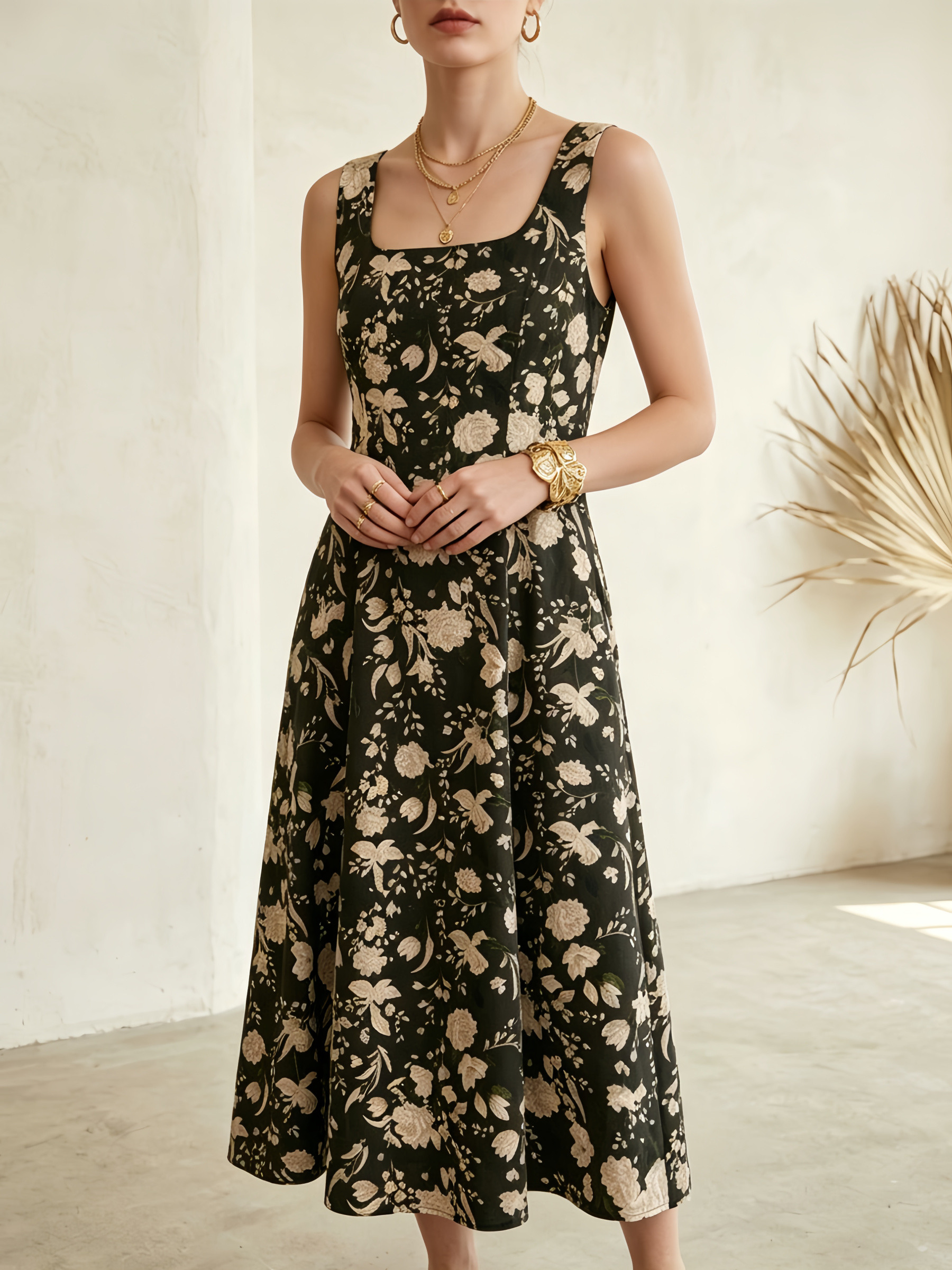 Wholesaler SweetMiss - Sleeveless dress with wide straps, square neckline, defined waist, dark green background, vintage ivory floral print, French retro style