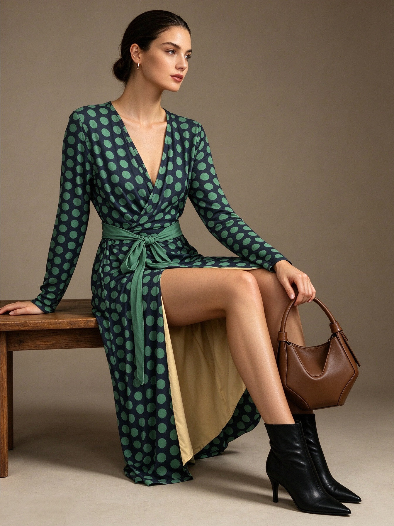 Mayorista SweetMiss - Vestido de lunares, vestido envolvente, mangas largas, escote en V, abertura lateral, tejido fluido, estilo elegante, vestido midi.