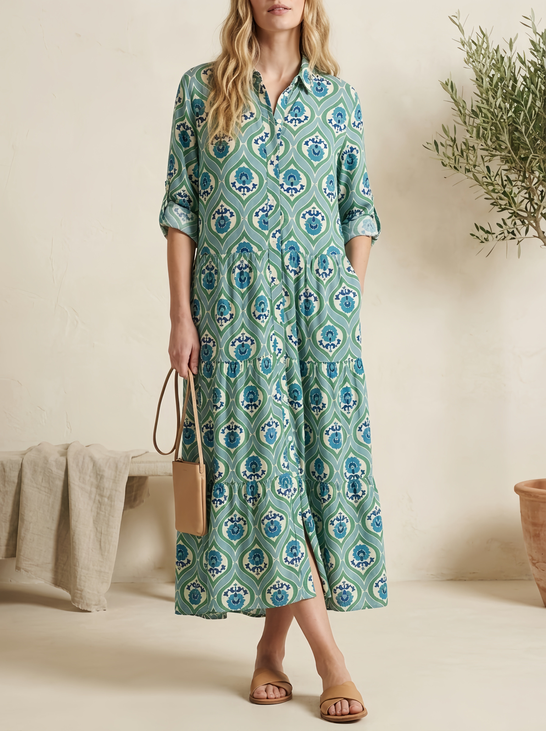 Wholesaler SweetMiss - Long shirt dress, front button closure, boho/Mediterranean style, comfortable and casual, fresh and lightweight fabric.